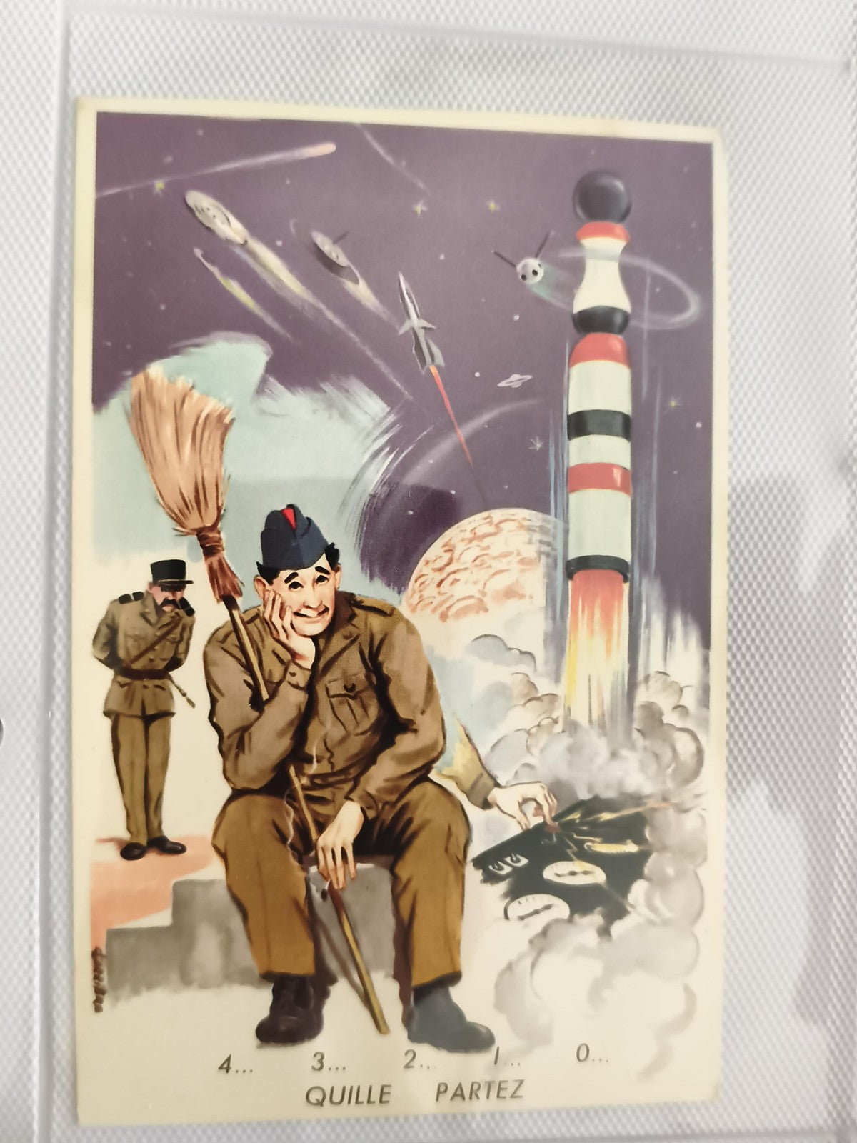Carte postale ancienne militaire Quille Partez illustration humoristique
