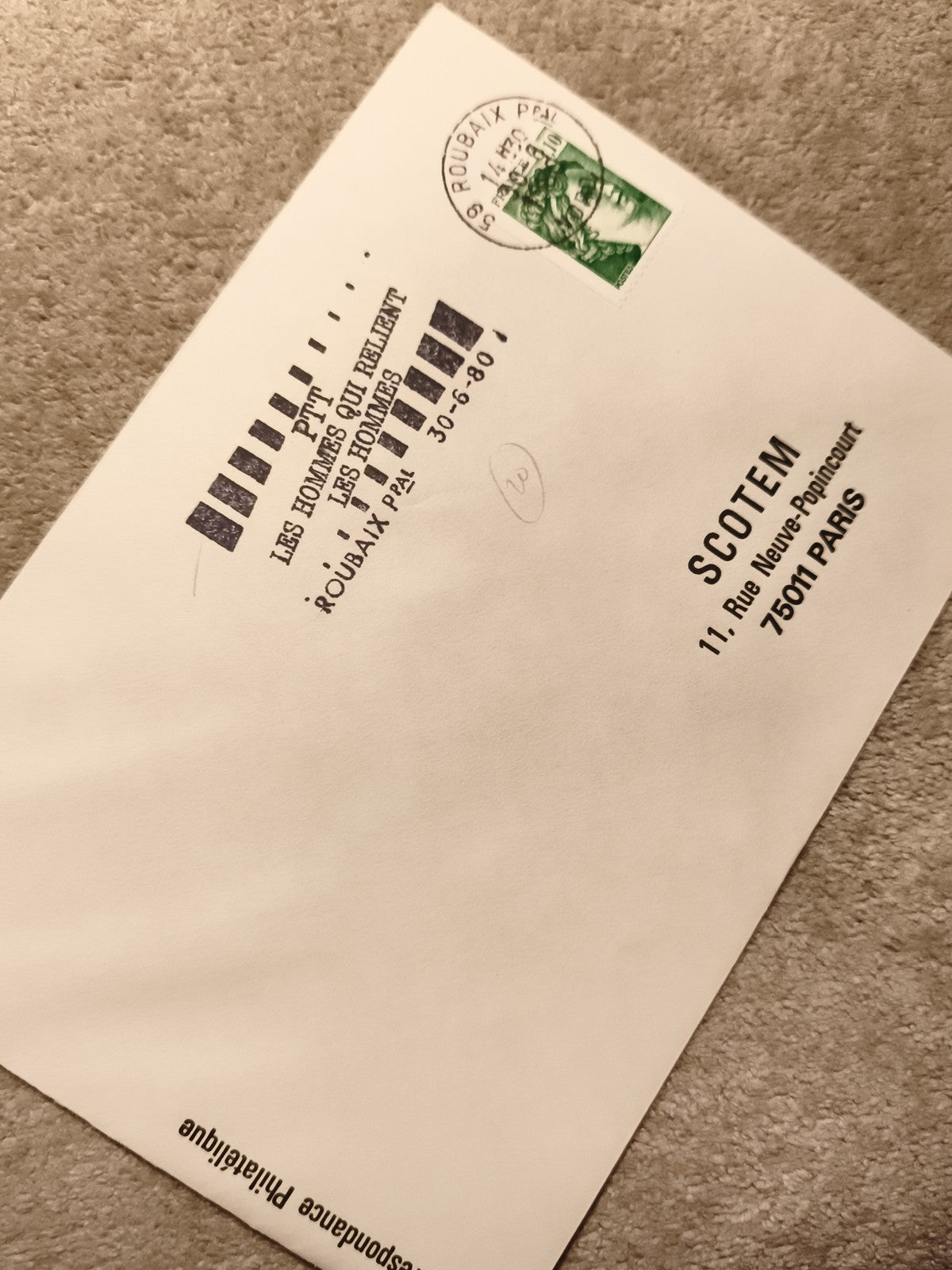 Lettre philatélique oblitérée 1980 Roubaix Marianne verte PTT SCOTEM