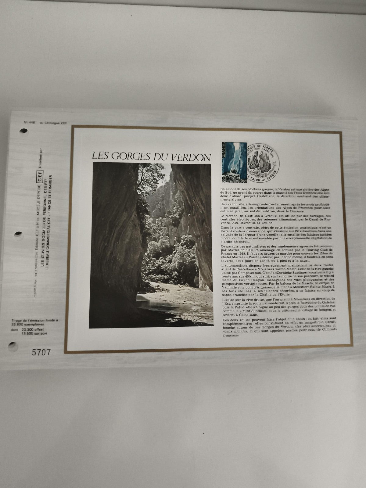 Feuillet philatélique CEF Les Gorges du Verdon timbre oblitéré France