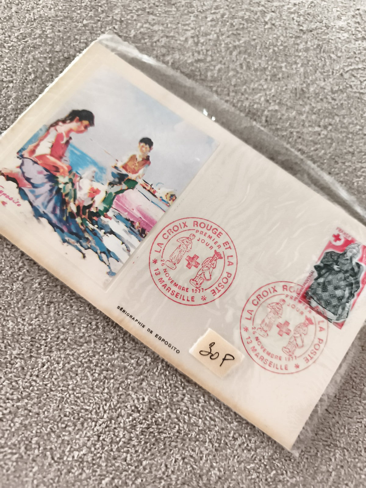 Carte postale Croix-Rouge 1971 Marseille, timbre oblitéré, sérigraphie Esposito