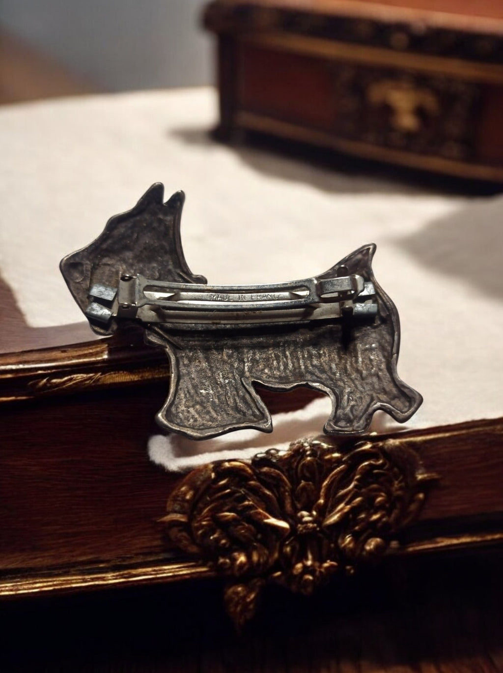 Barrette pince cheveux chien métal vintage, forme Scottish, fantaisie France
