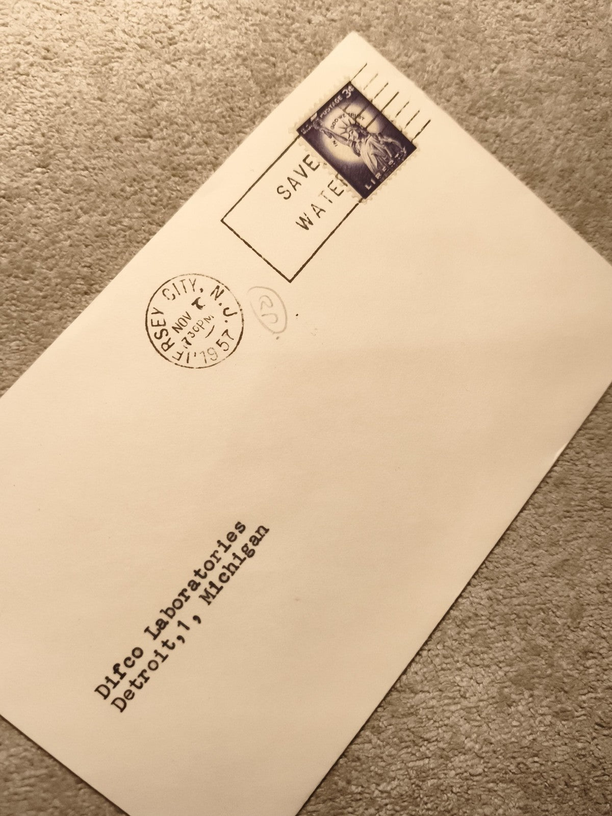 Lettre USA 1957 timbre Statue Liberté Jersey City cachet SAVE WATER philatélie (