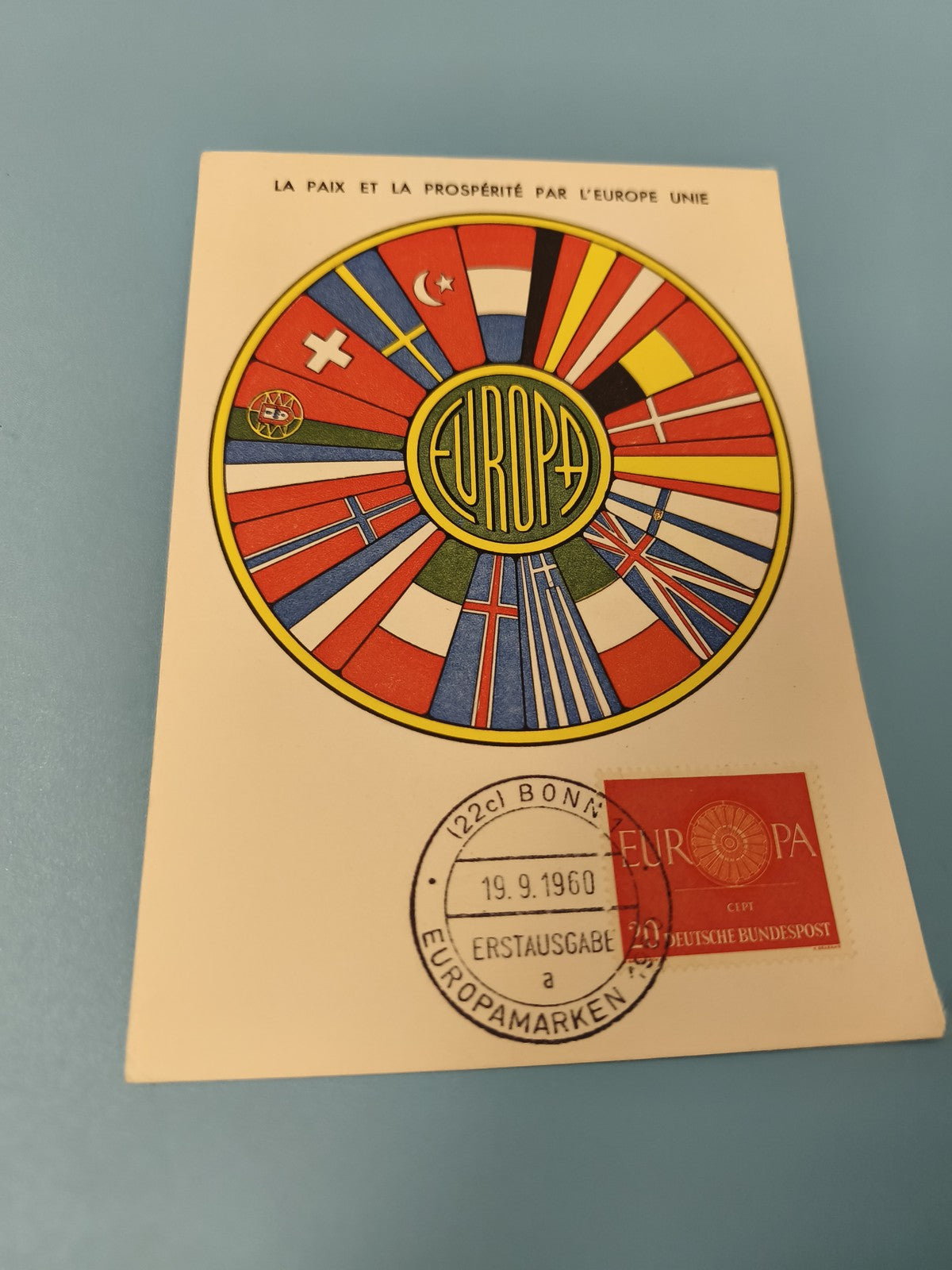 Carte postale philatélie Europa 1960 drapeaux Europe oblitération Bonn