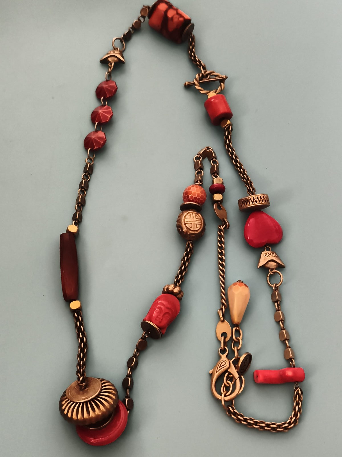 Collier fantaisie Reminiscence vintage, grosses perles rouges et dorées