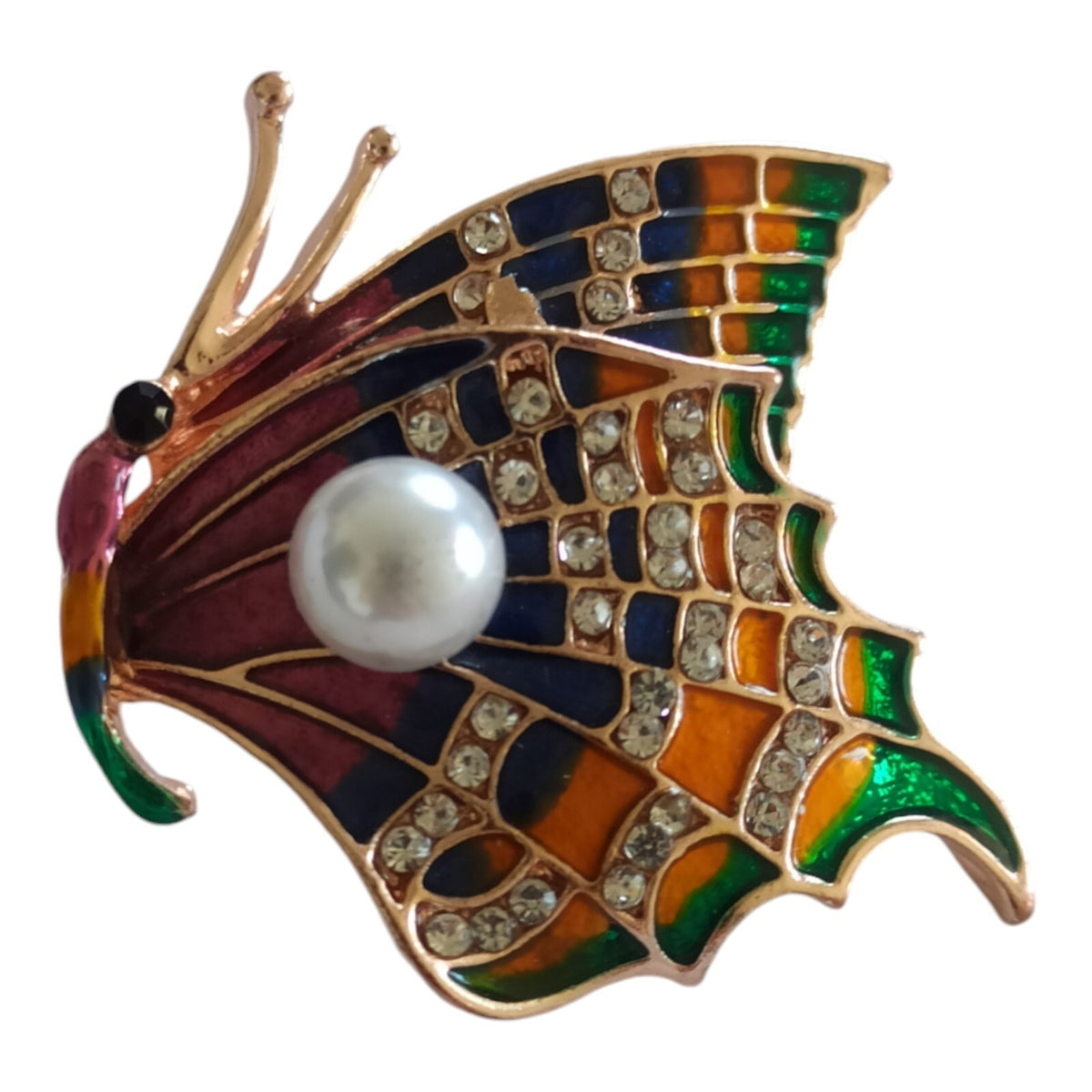 Vintage Butterfly Brooch Multicoloured Enamelled Rhinestone Pearl? Costume Jewellery Retro