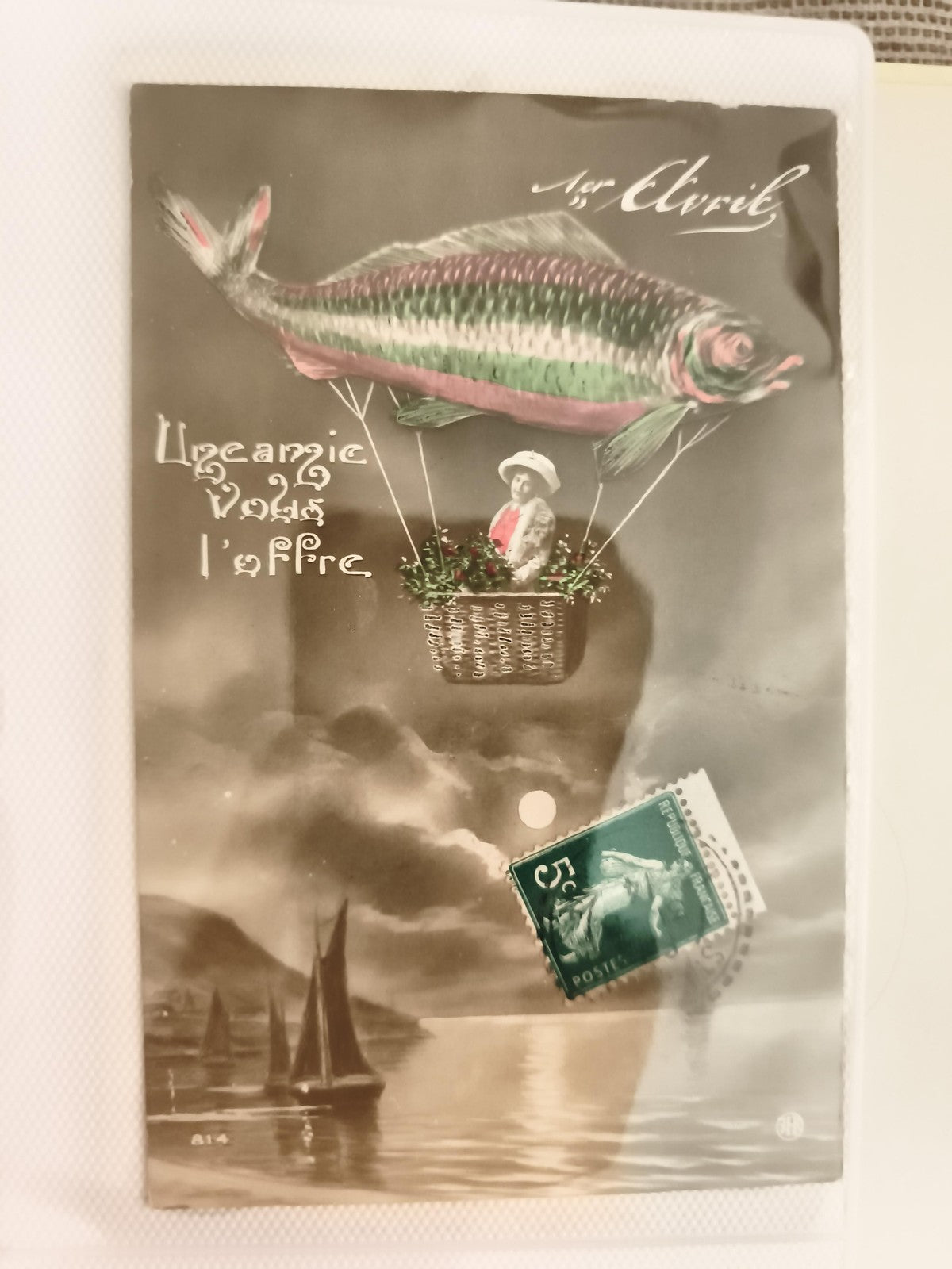 Carte postale ancienne 1er avril poisson d'avril CPA timbre 5c vintage