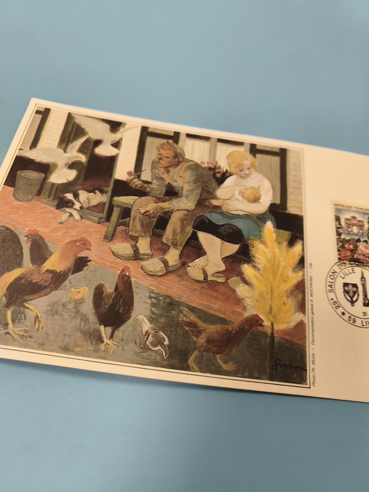Enveloppe vintage philatélie illustration rurale poules famille ancienne Ref 10