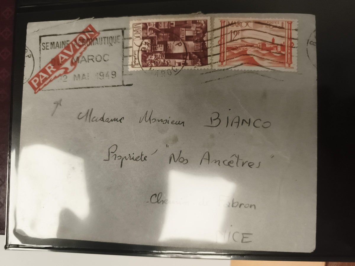Lettre oblitérée Maroc 1949 Semaine Aéronautique timbres rouges Par Avion