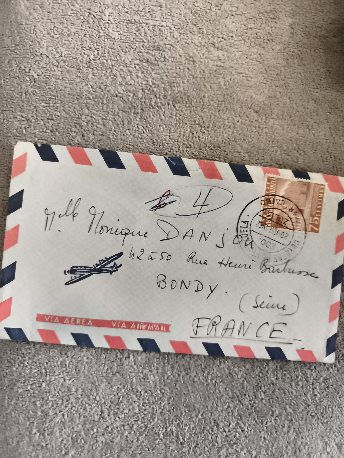 Lettre avion affranchie France 1962, enveloppe airmail tricolore, philatélie