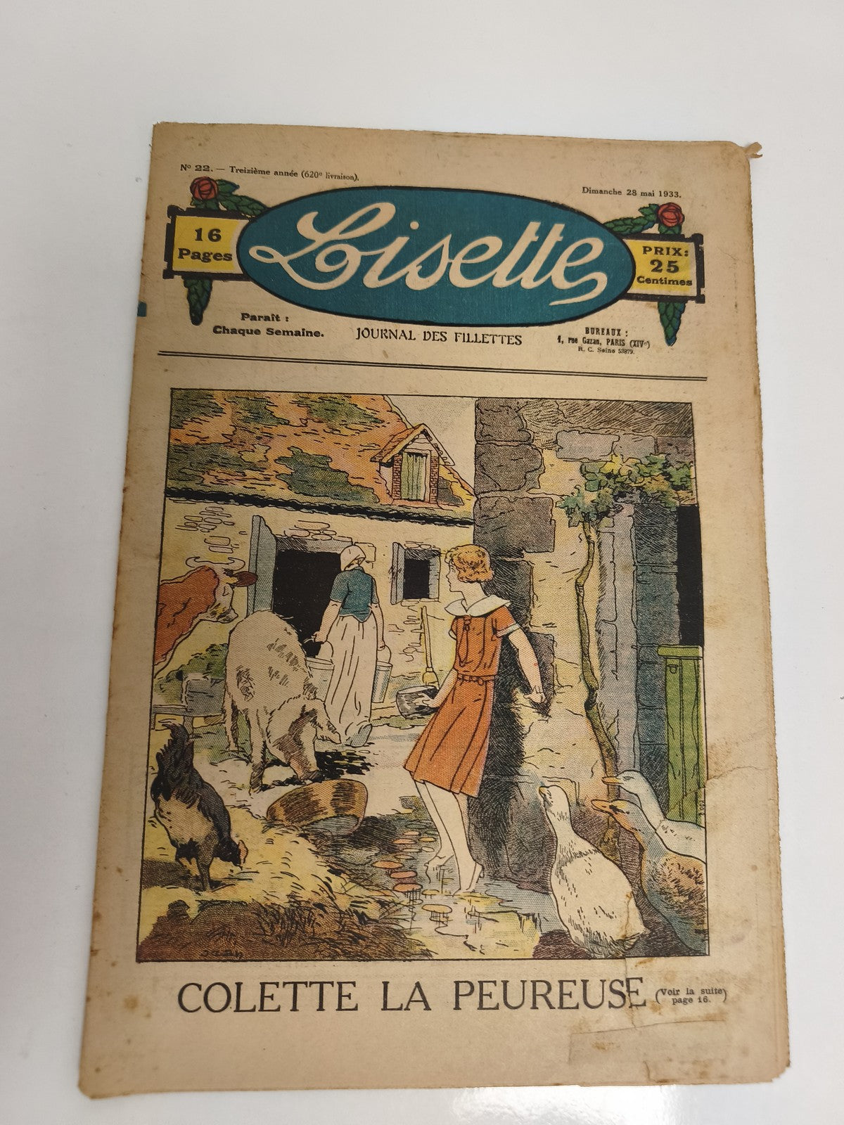 Ancien journal Lisette 1933, magazine illustré fillette, Colette la peureuse