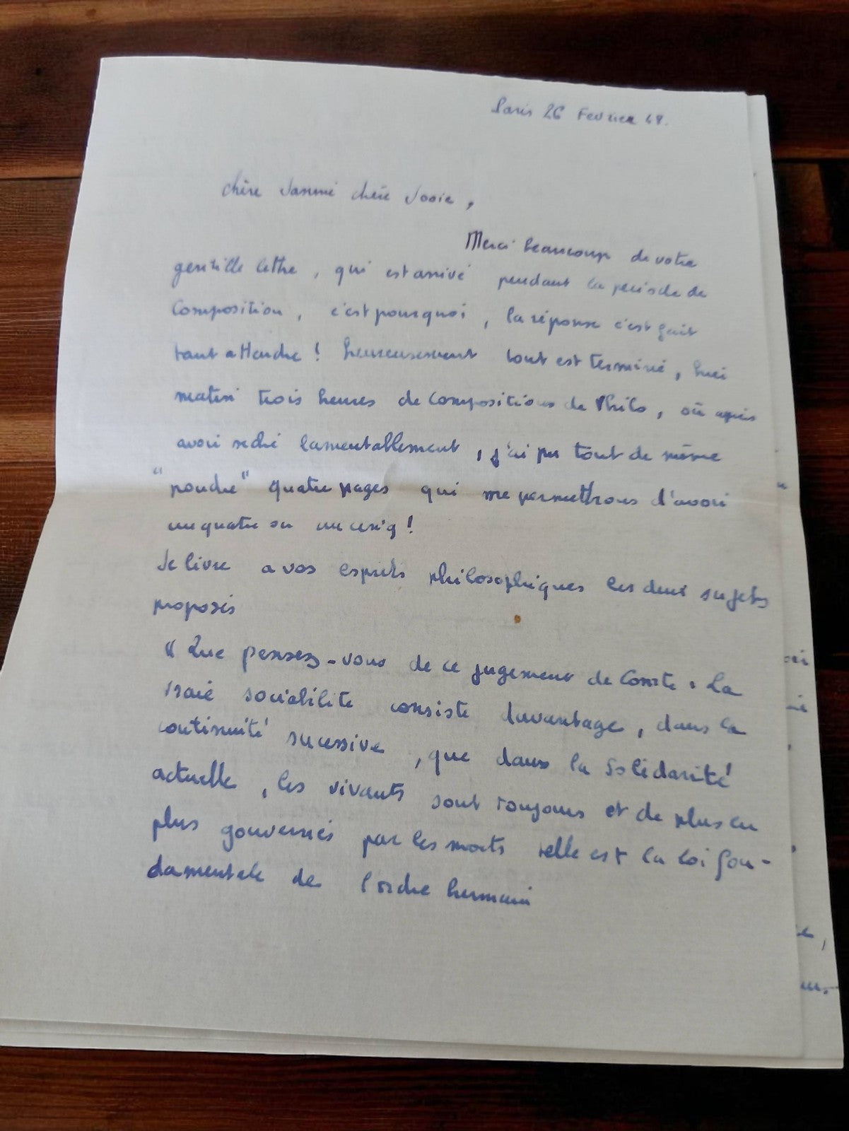 Lettre manuscrite ancienne 1948 Paris, écriture bleue, vintage papier
