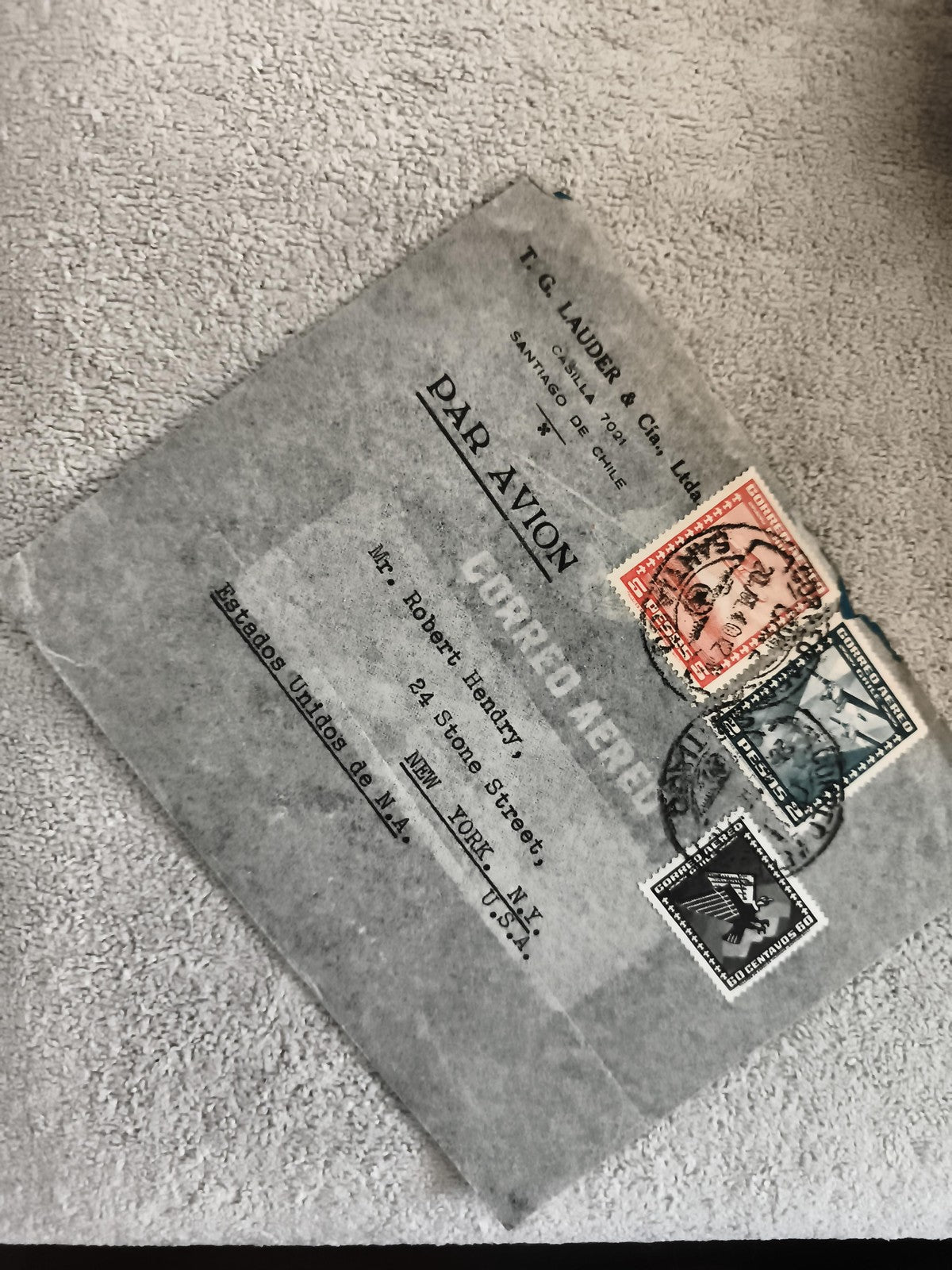 Lettre aérienne affranchie Chili USA timbres Par Avion philatélie courrier posta