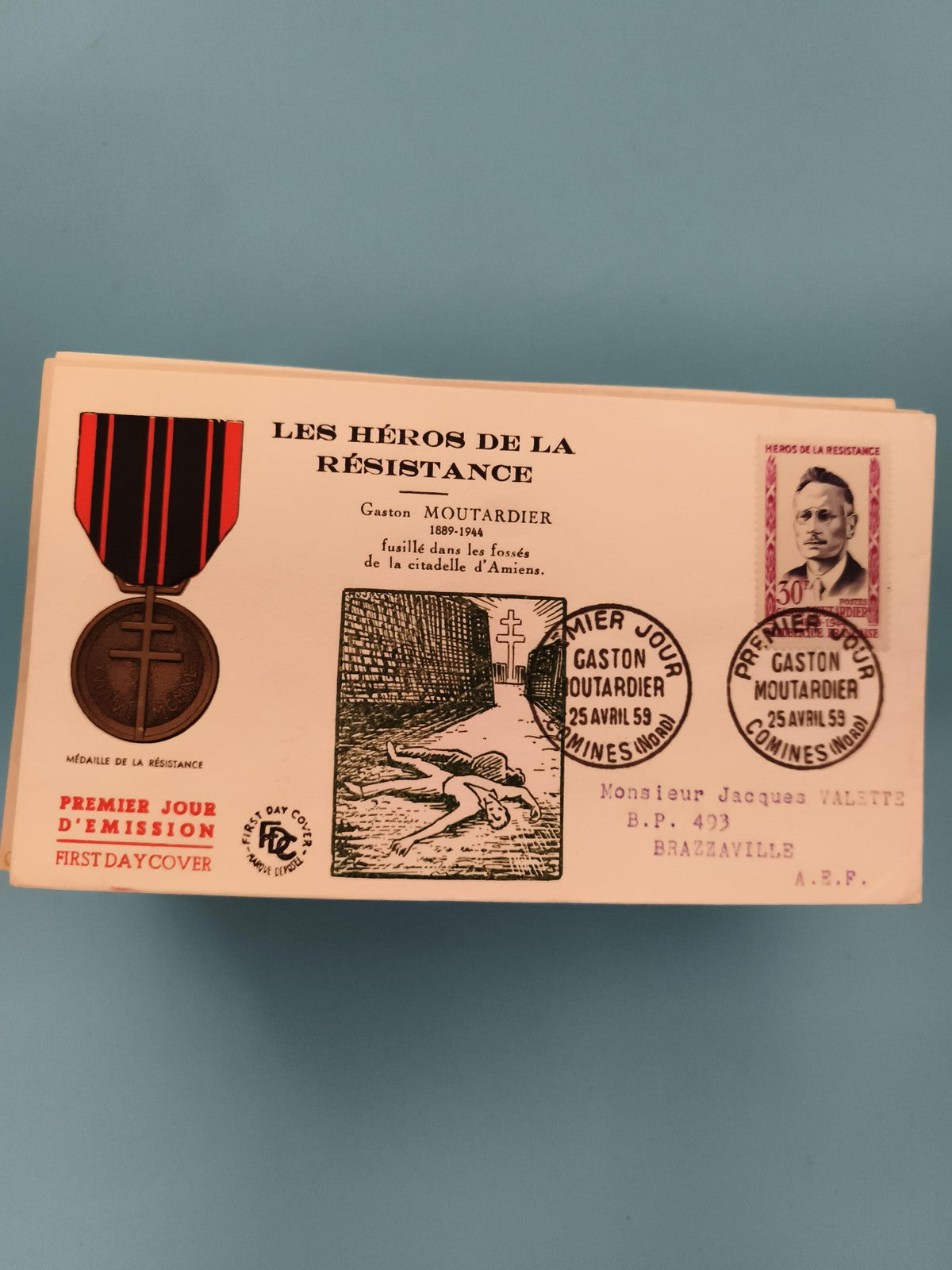 Lettre FDC Héros de la Résistance Gaston Moutardier 1959 timbre oblitéré philaté