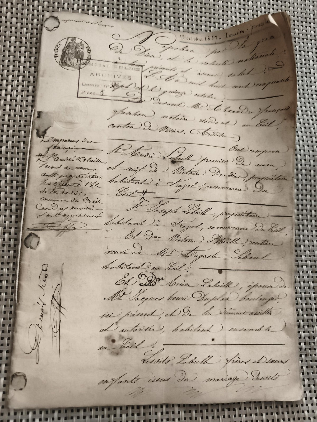 Document manuscrit ancien 1857 cachet archives Tampon officiel France