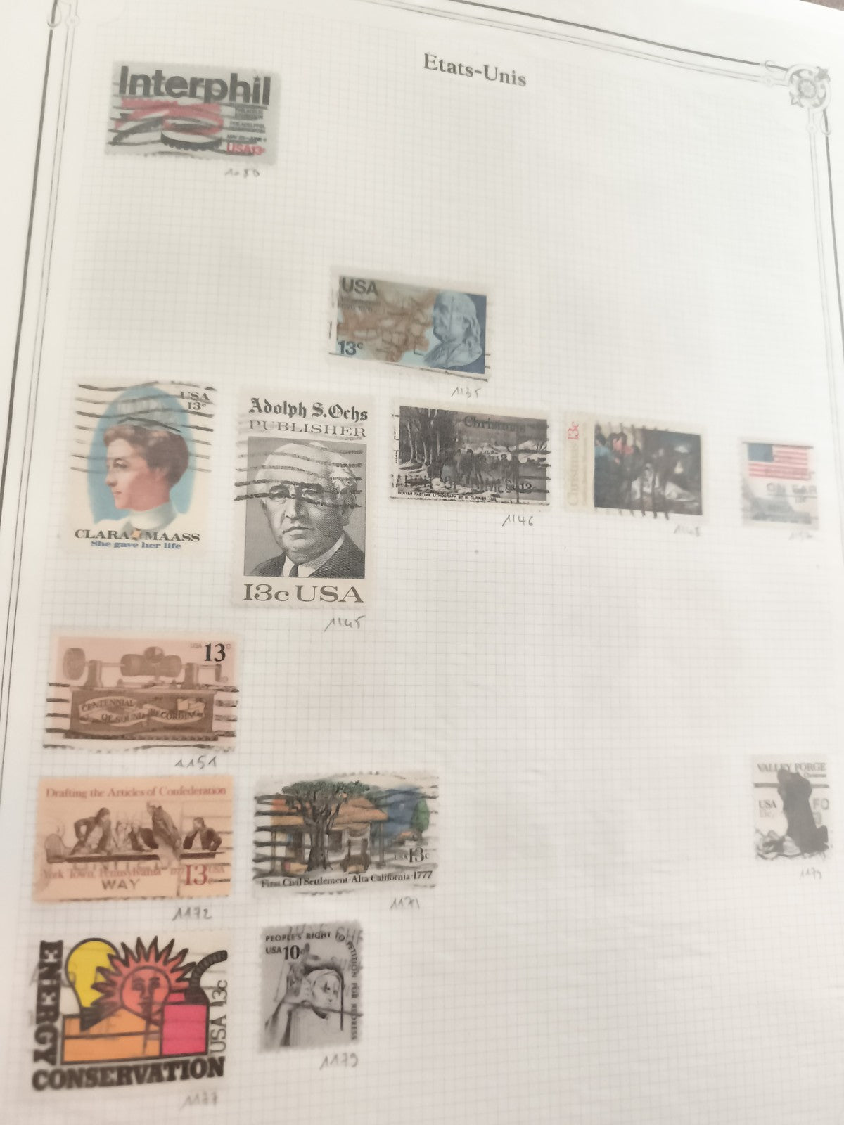 Timbres anciens USA oblitérés 13c 10c thématiques histoire conservation lot