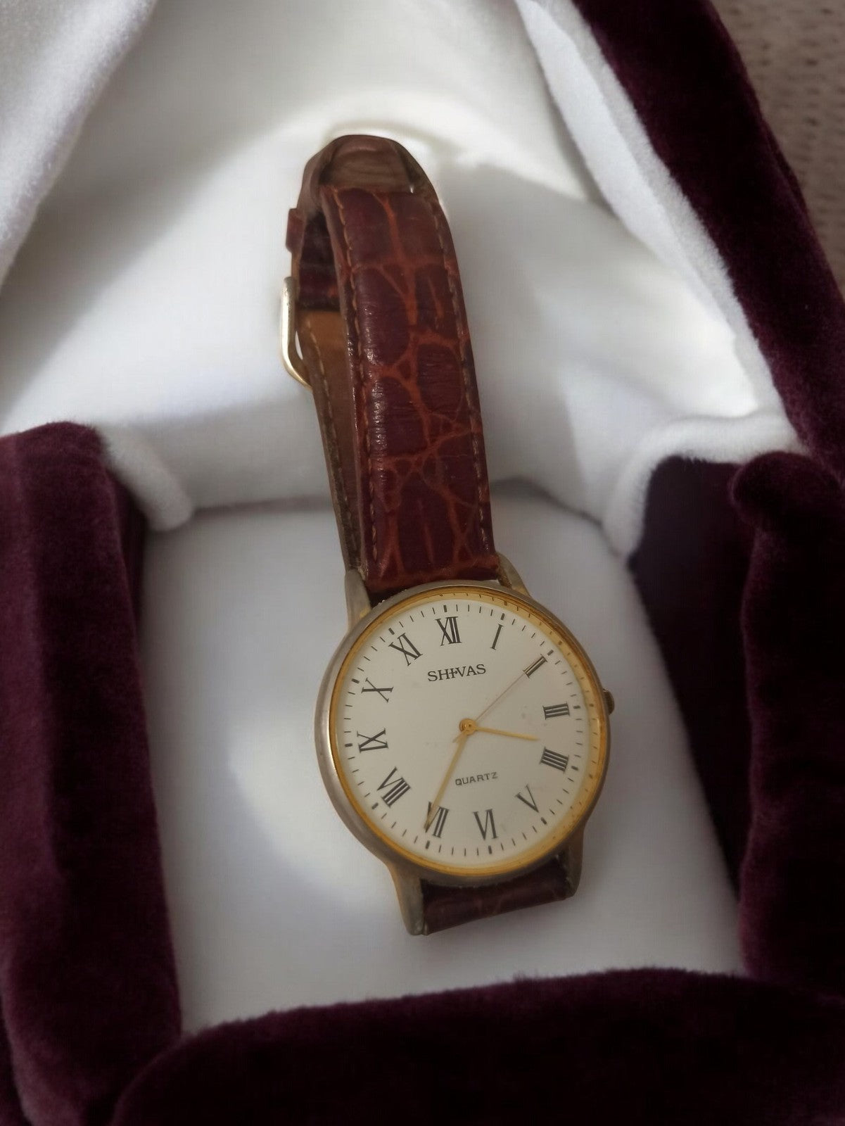 Montre homme vintage SHIVAS quartz cadran romain rétro bracelet marron