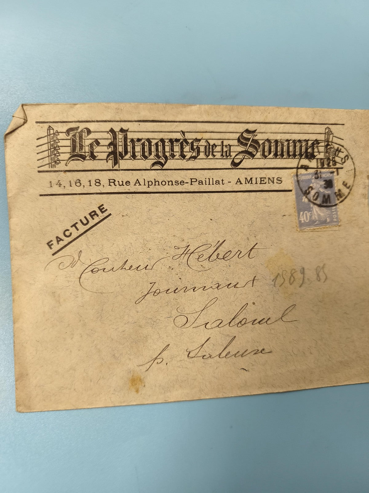 Ancienne enveloppe oblitérée Le Progrès de la Somme Amiens début XXe philatélie