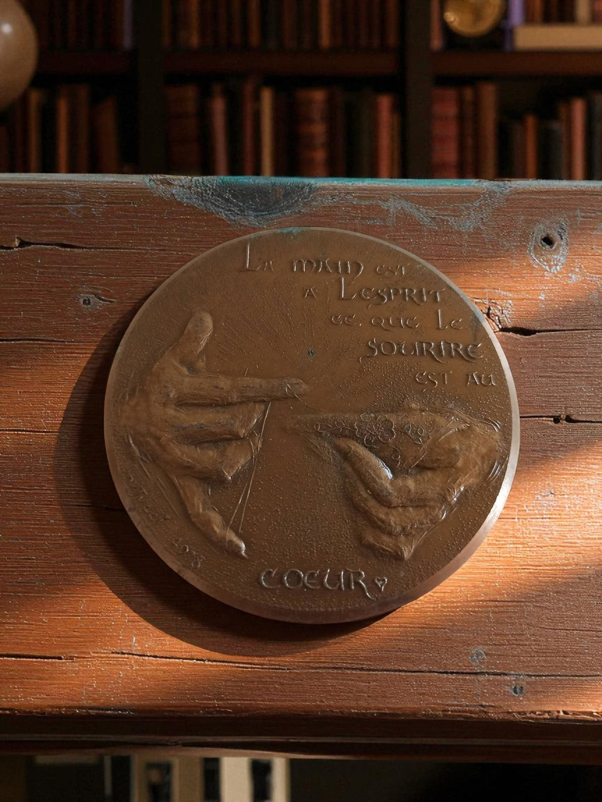 Vintage bronze medal "The Hand and the Spirit" arts and crafts wall decoration