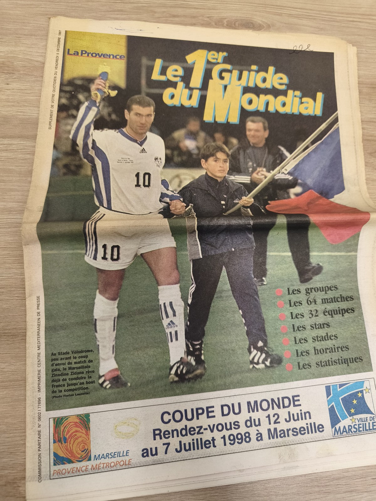 Ancien journal OM Coupe du Monde 1998 Marseille La Provence Zidane football