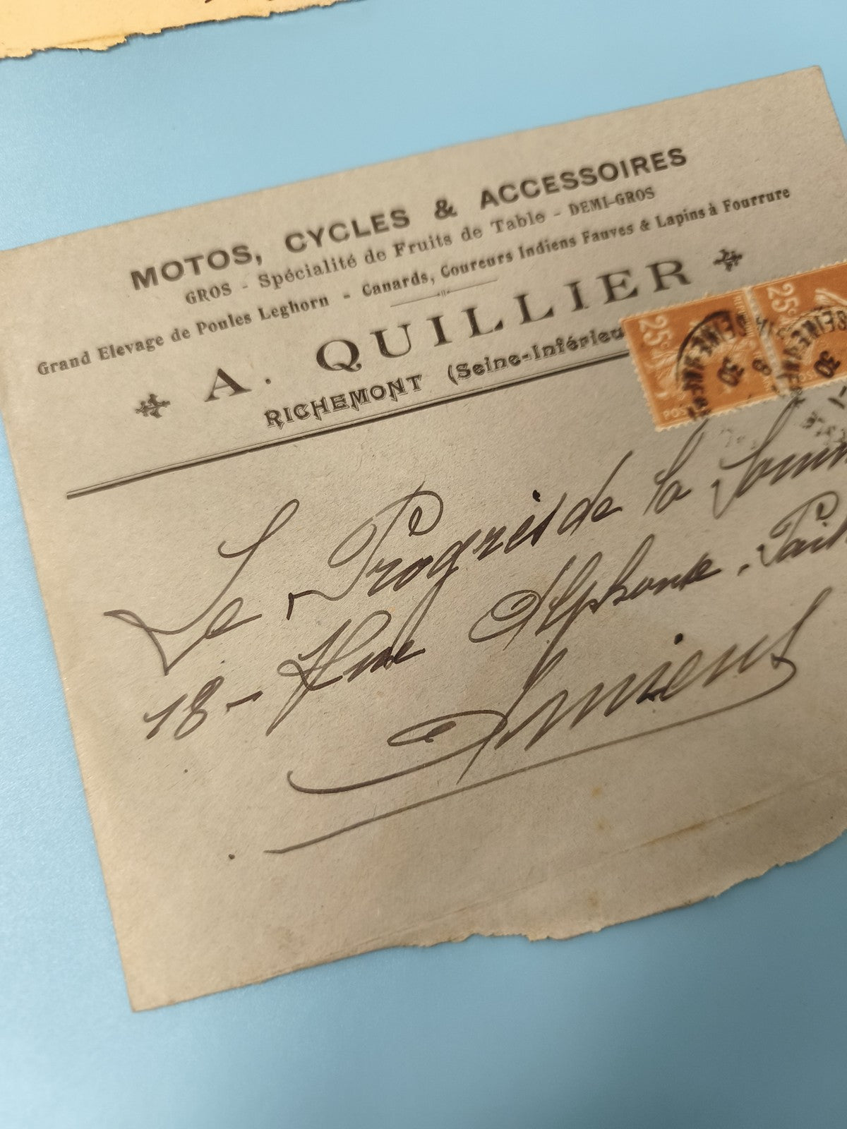 Ancienne enveloppe oblitérée début XXe A. Quillier Richmont philatélie (Ref 6)