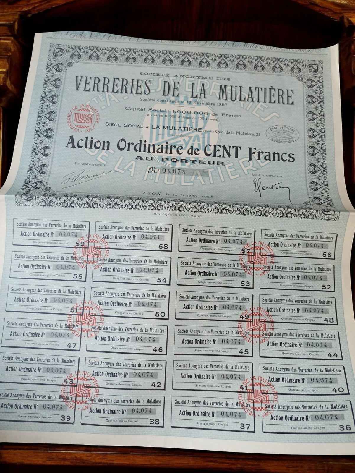 Action au porteur Verreries de la Mulatière 1928 ancien titre financier décorati