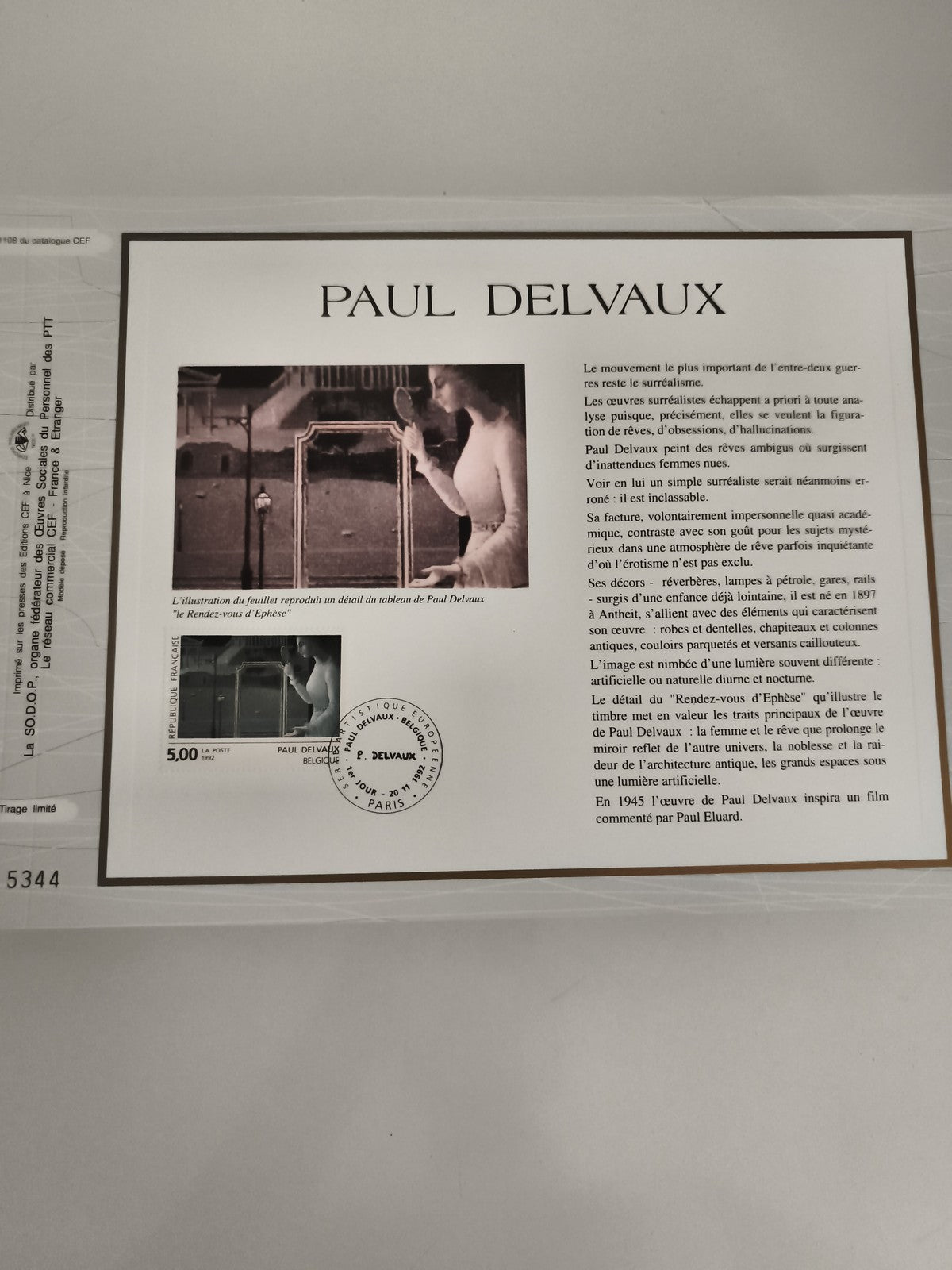 Feuillet CEF Paul Delvaux timbre 5F Rendez-vous d'Éphèse philatélie