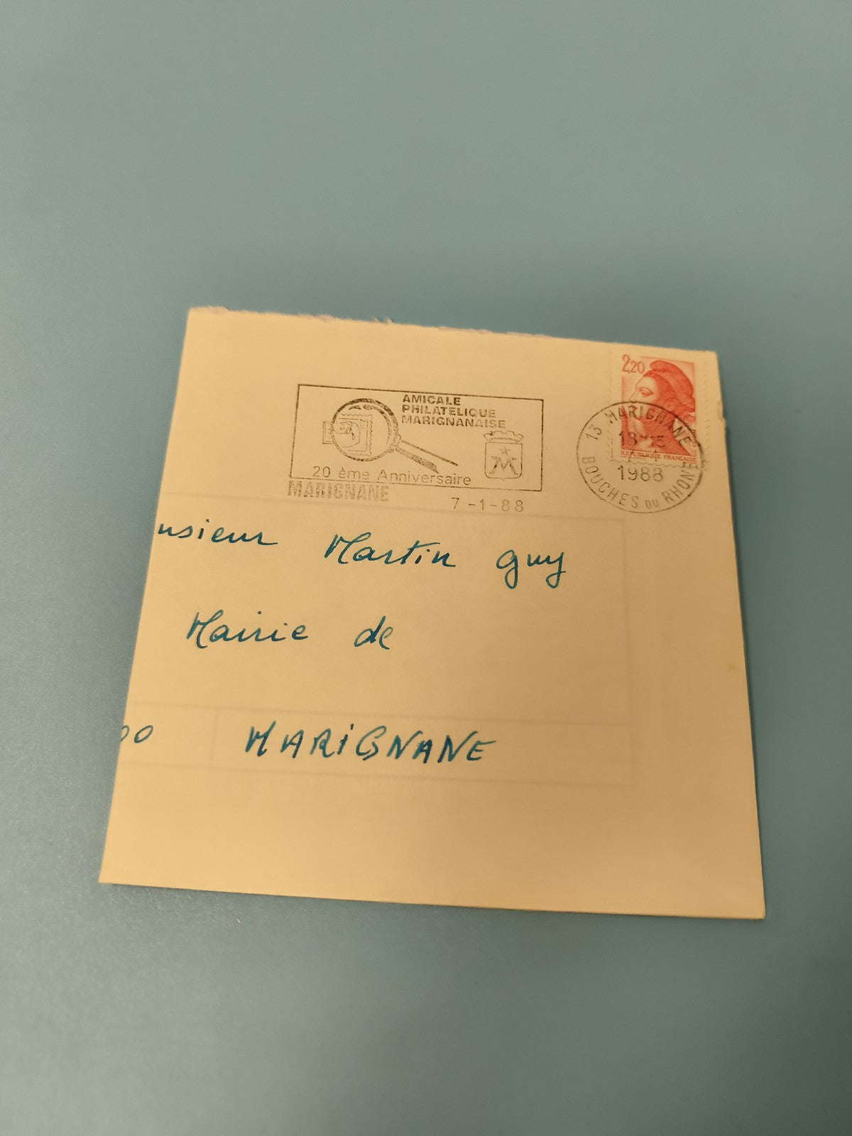 Ancienne enveloppe philatélie 1988 cachet Marignane timbre Marianne rouge