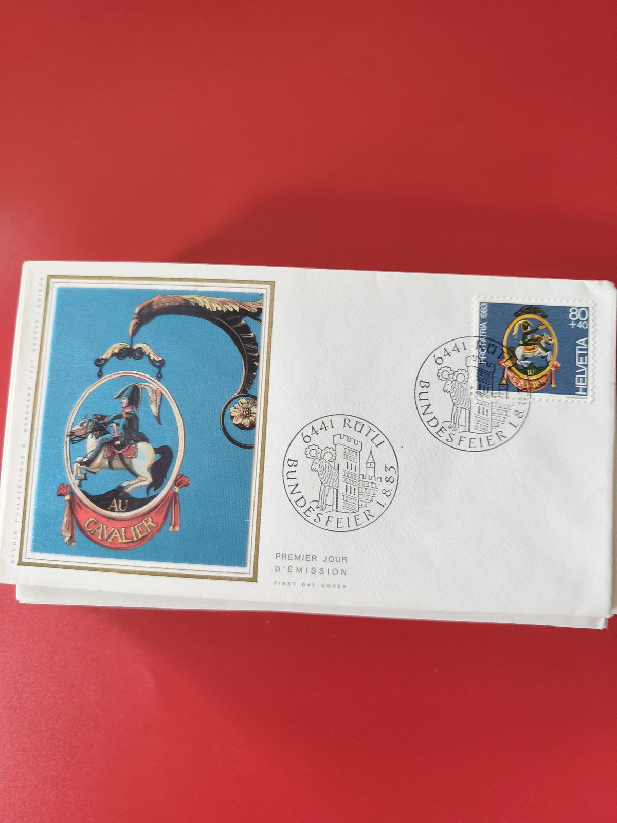 Enveloppe philatélie premier jour Helvetia Suisse Cavalier illustration bleue
