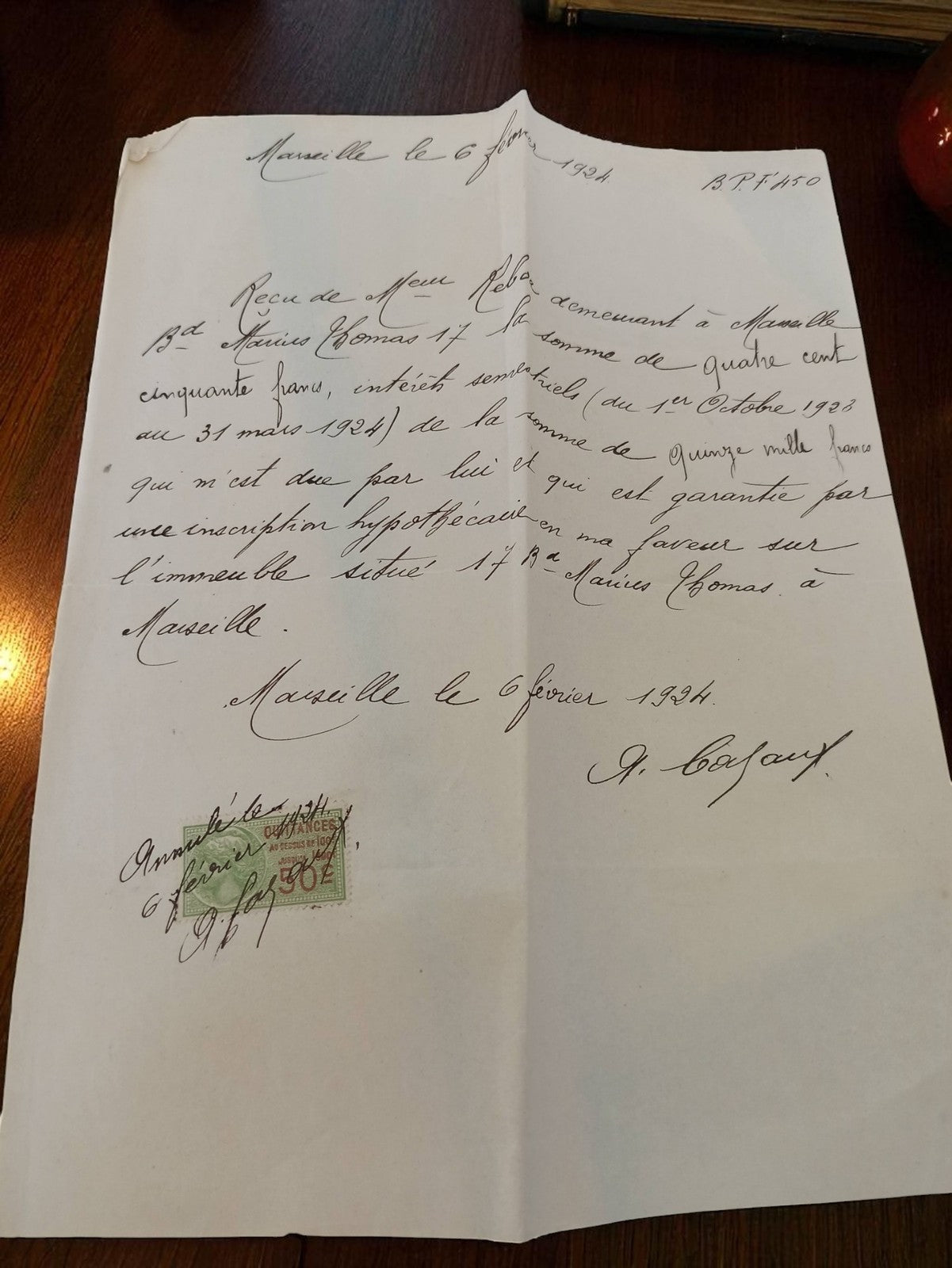 Lettre manuscrite ancienne Marseille 1924 ? Document notarié vintage timbre fisc