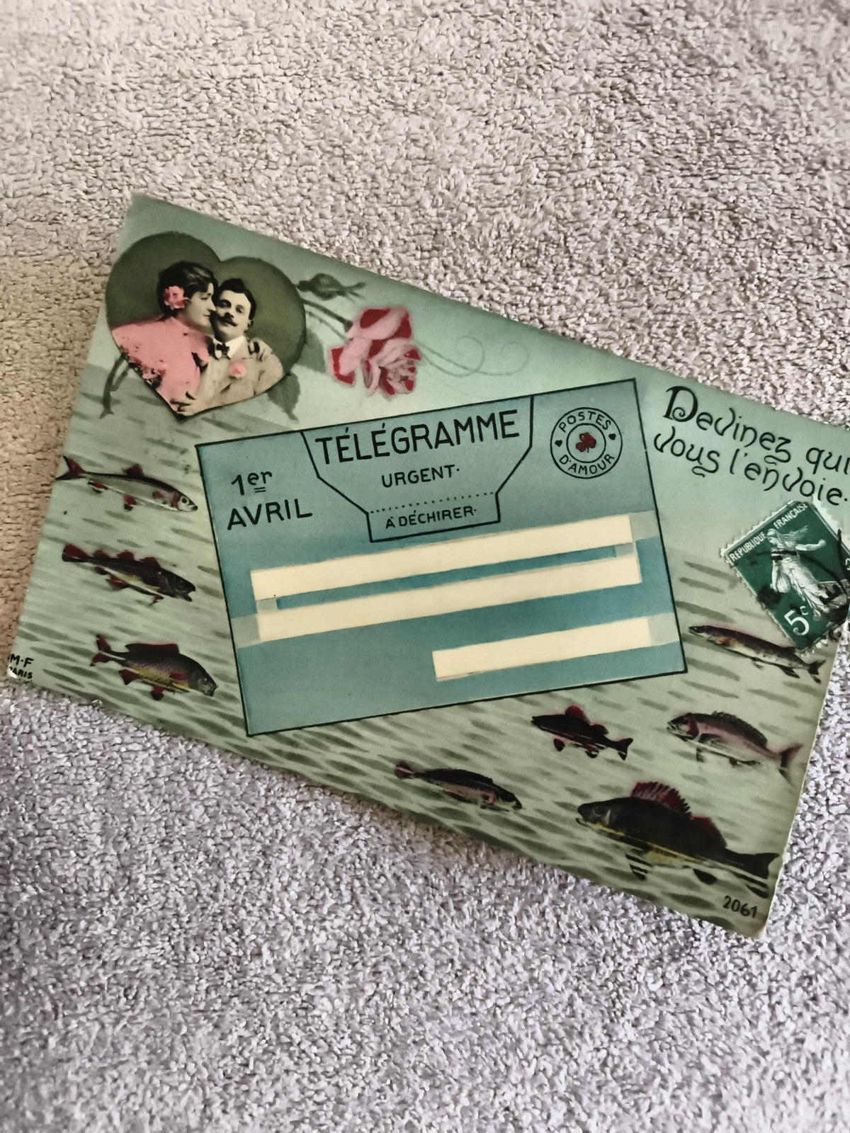 CPA Télégramme 1er Avril Poisson d'Avril illustrée timbre vert