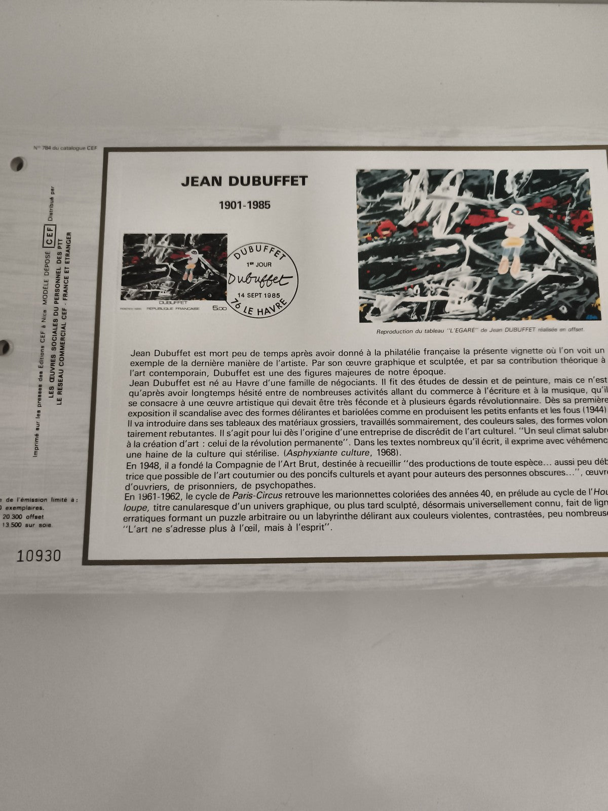 Feuillet philatélique CEF Jean Dubuffet 1985 Le Havre art brut timbre FDC