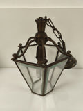 Ancienne lampe suspension lanterne en métal et verre, style rétro vintage
