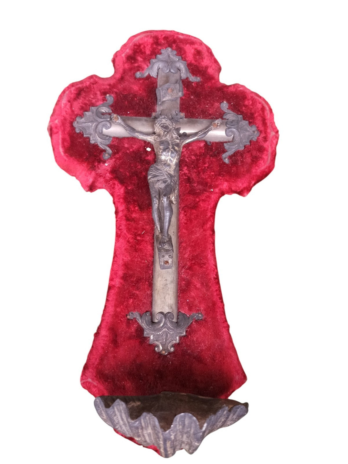 Crucifix ancien Napoléon III dorure sur métal croix velours rouge église XIXe