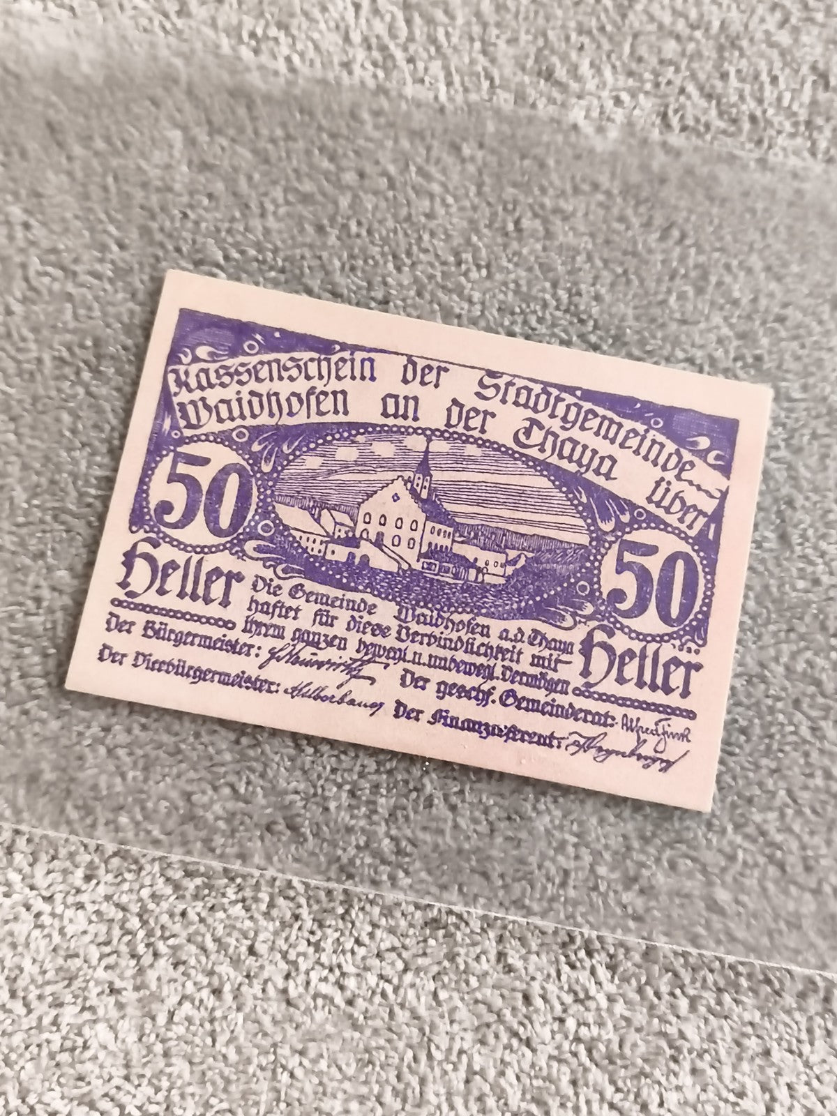 Billet ancien 50 Heller Waidhofen an der Thaya violet notgeld Autriche