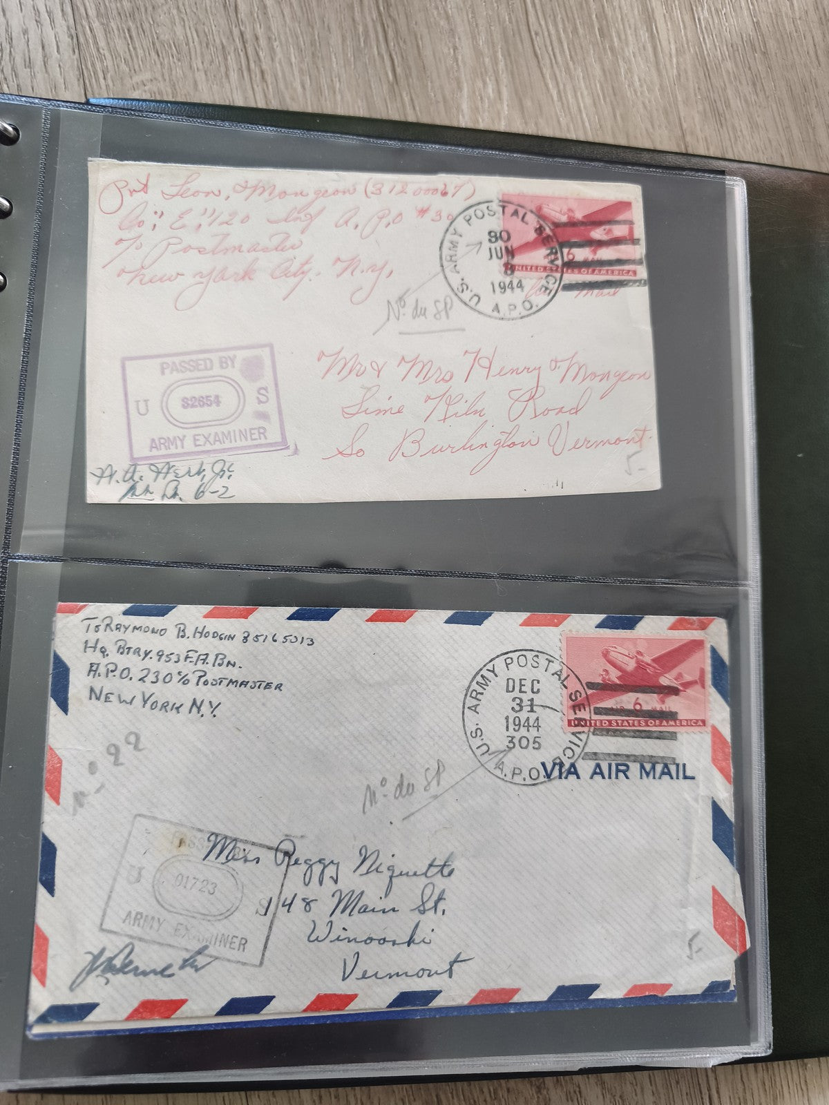 Lot 2 anciennes enveloppes philatélie oblitérées US Army 1944 Air Mail WWII
