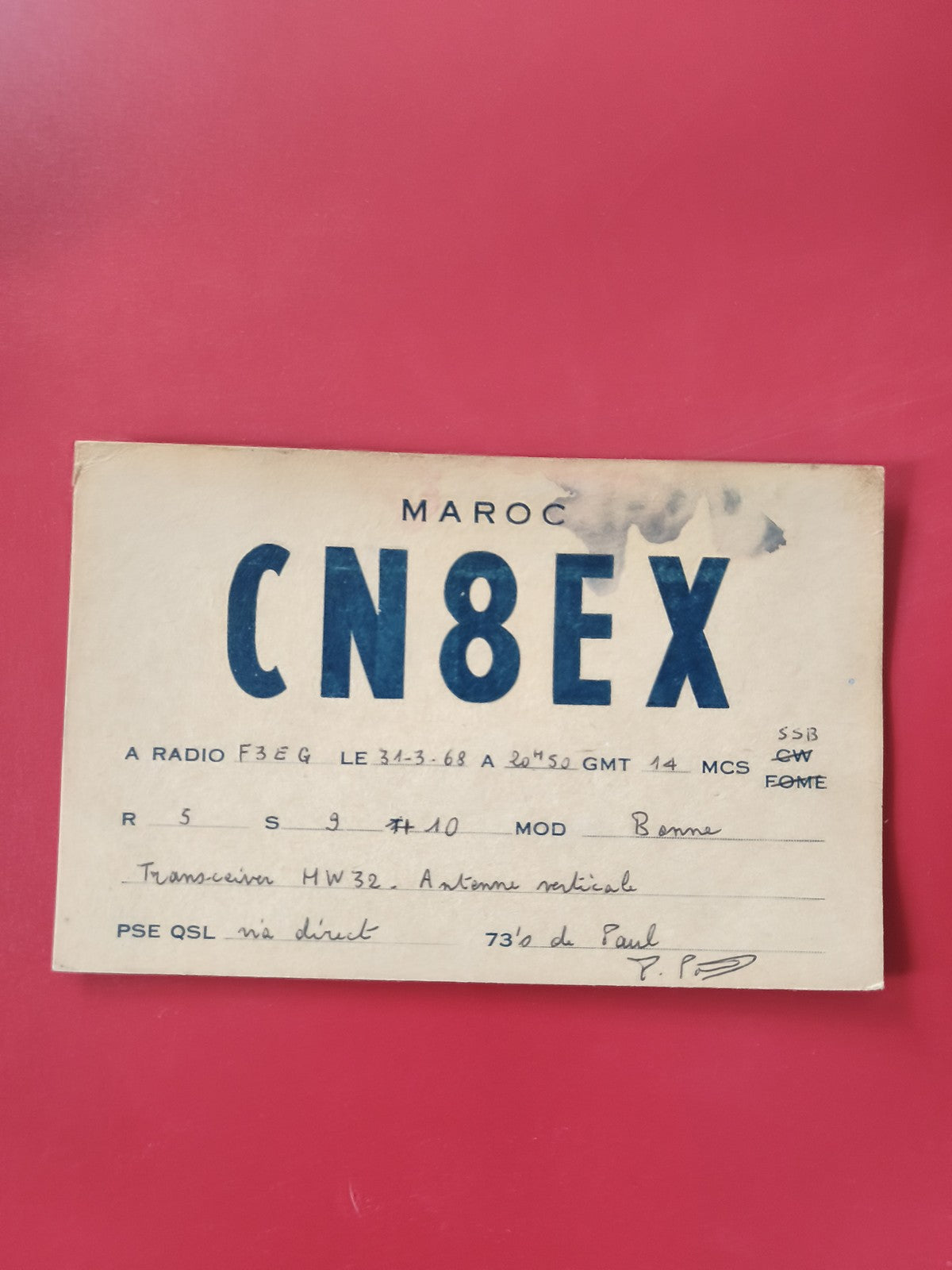 Carte radio QSL CN8EX Maroc radioamateur, format carte postale, inscription manu