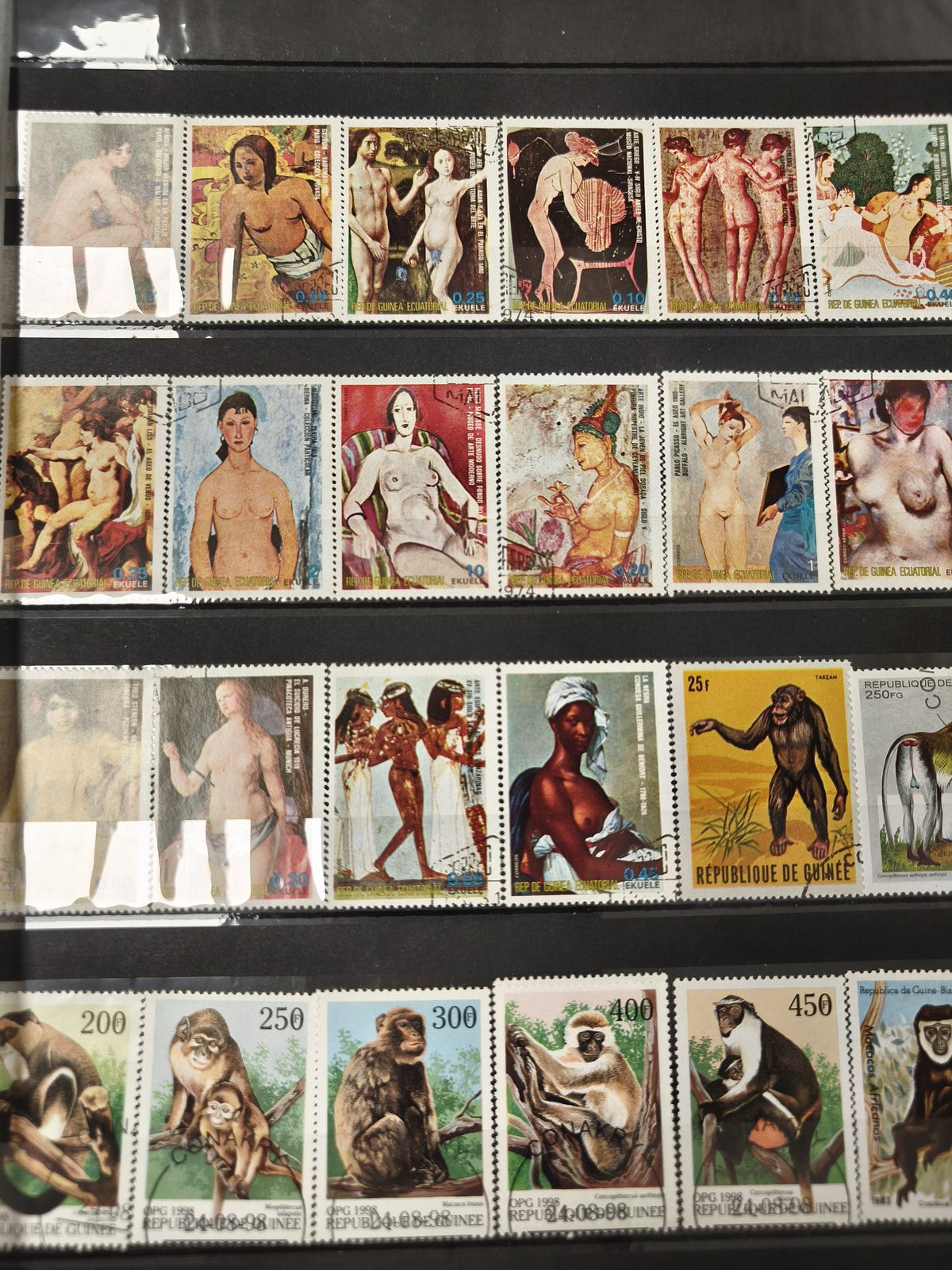 Lot de timbres thématiques nus artistiques et singes, Guinée, usagés