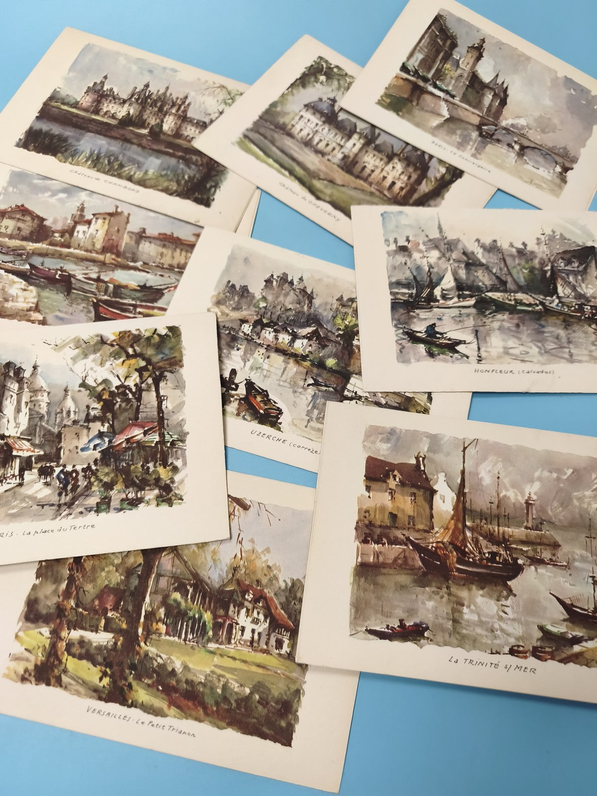 Lot cartes anciennes bateaux et paysages illustrés ? aquarelles vintage France