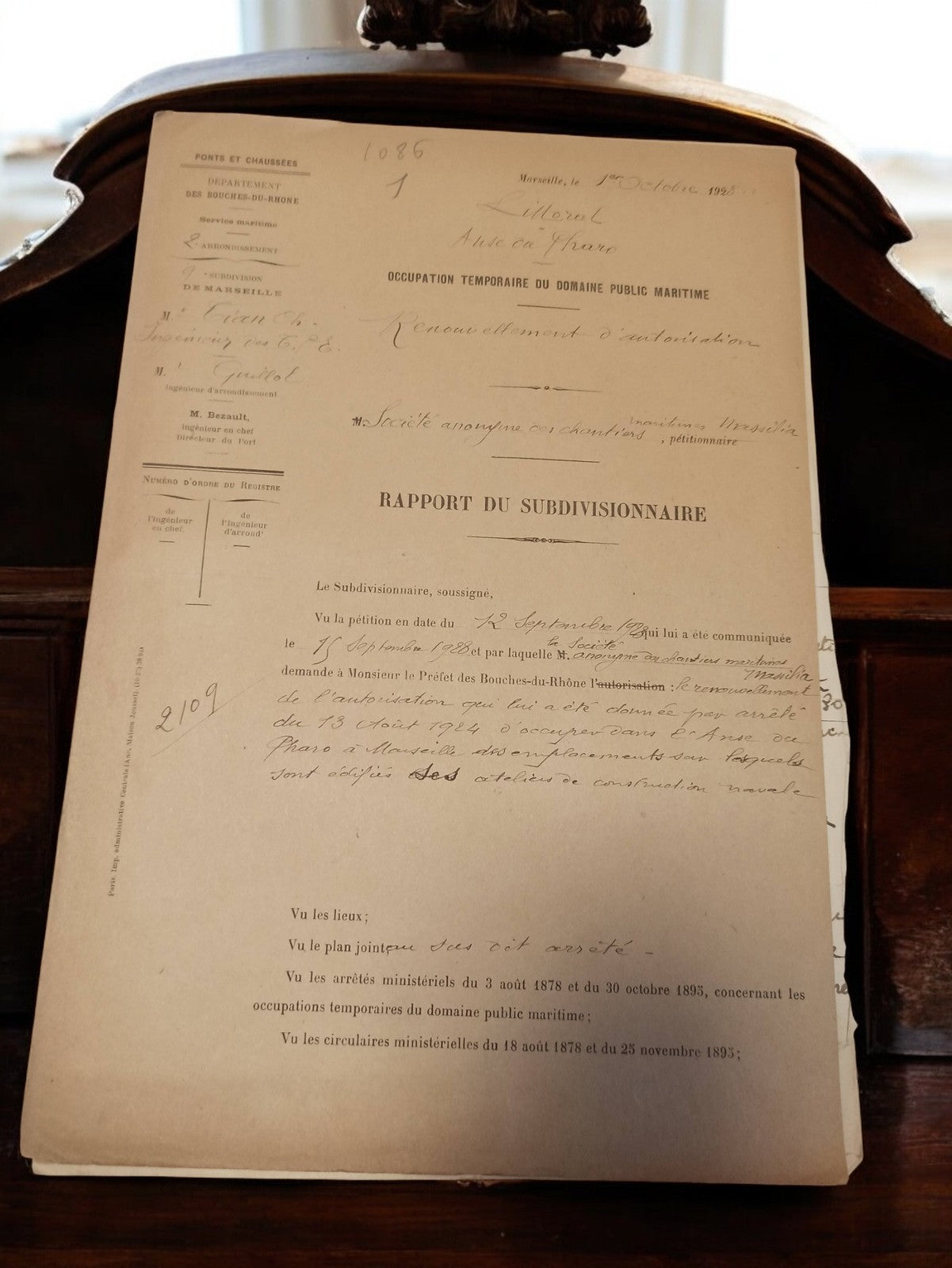 Document administratif ancien Marseille 1935 rapport Ponts et Chaussées vintage