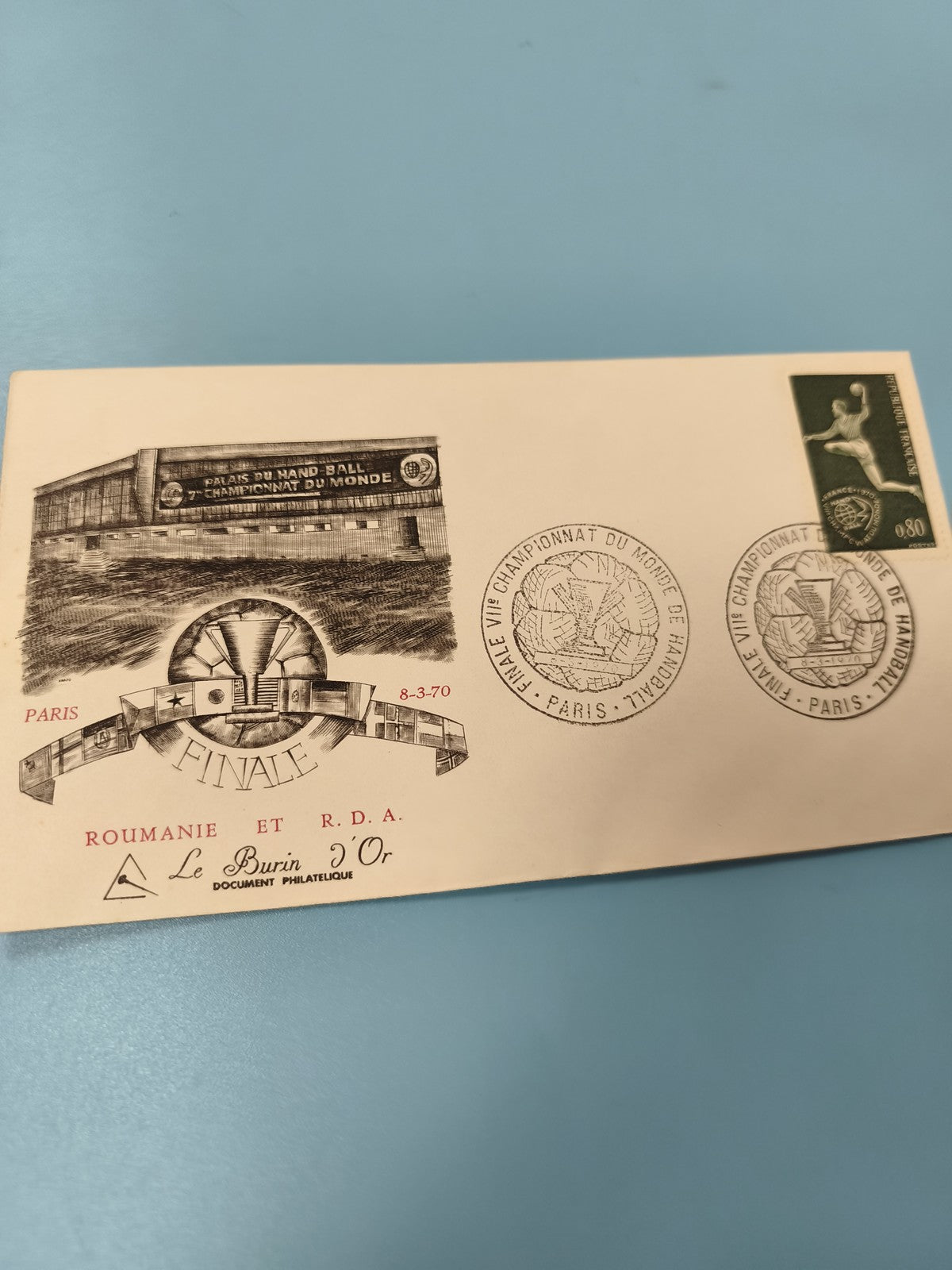 Enveloppe FDC handball Paris 1970 timbre 0,80 Finale Roumanie RDA Le Burin d'Or