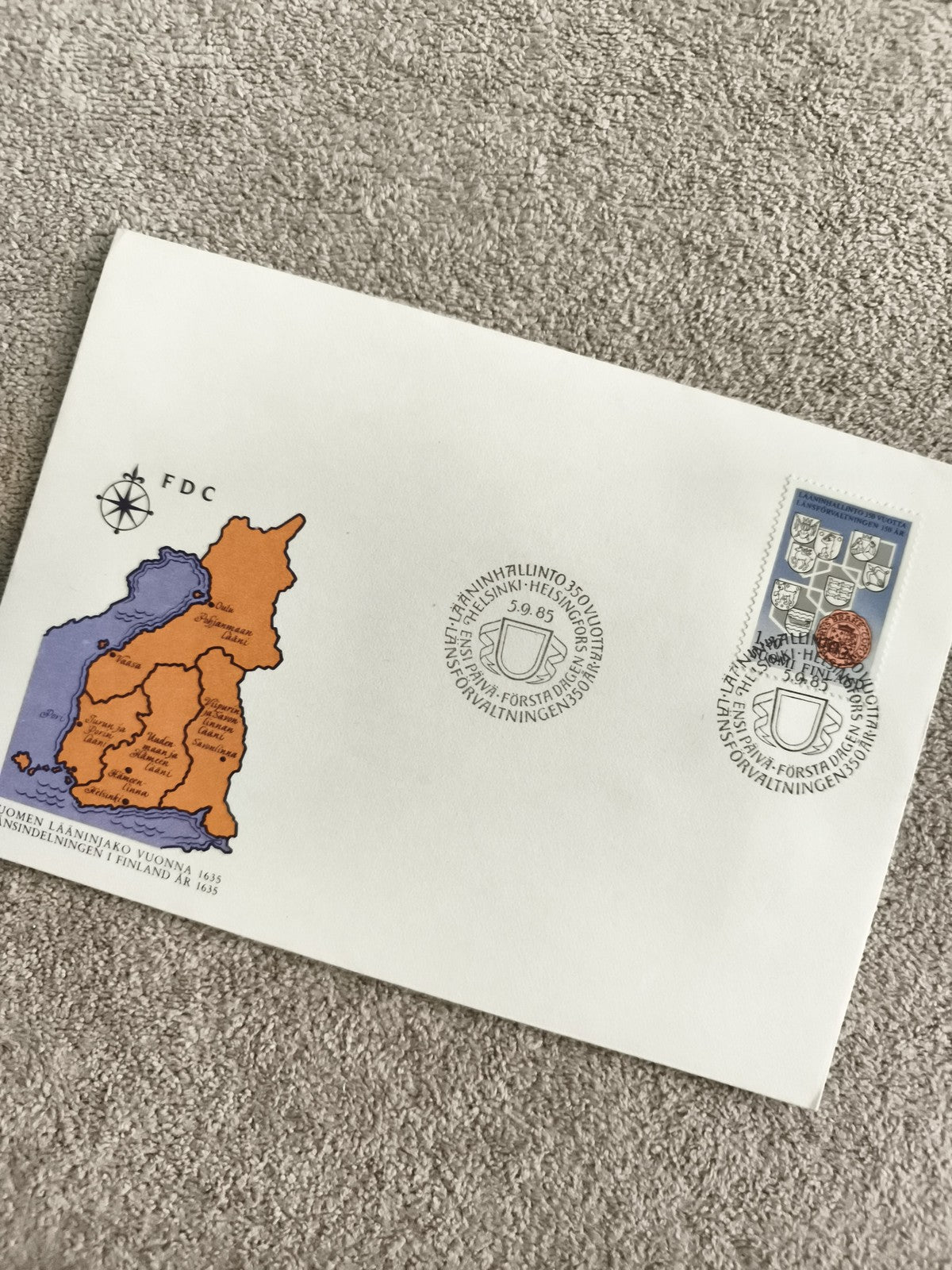 Lettre FDC Finlande 1985 armoiries carte 1635 philatélie timbre cachet Helsinki