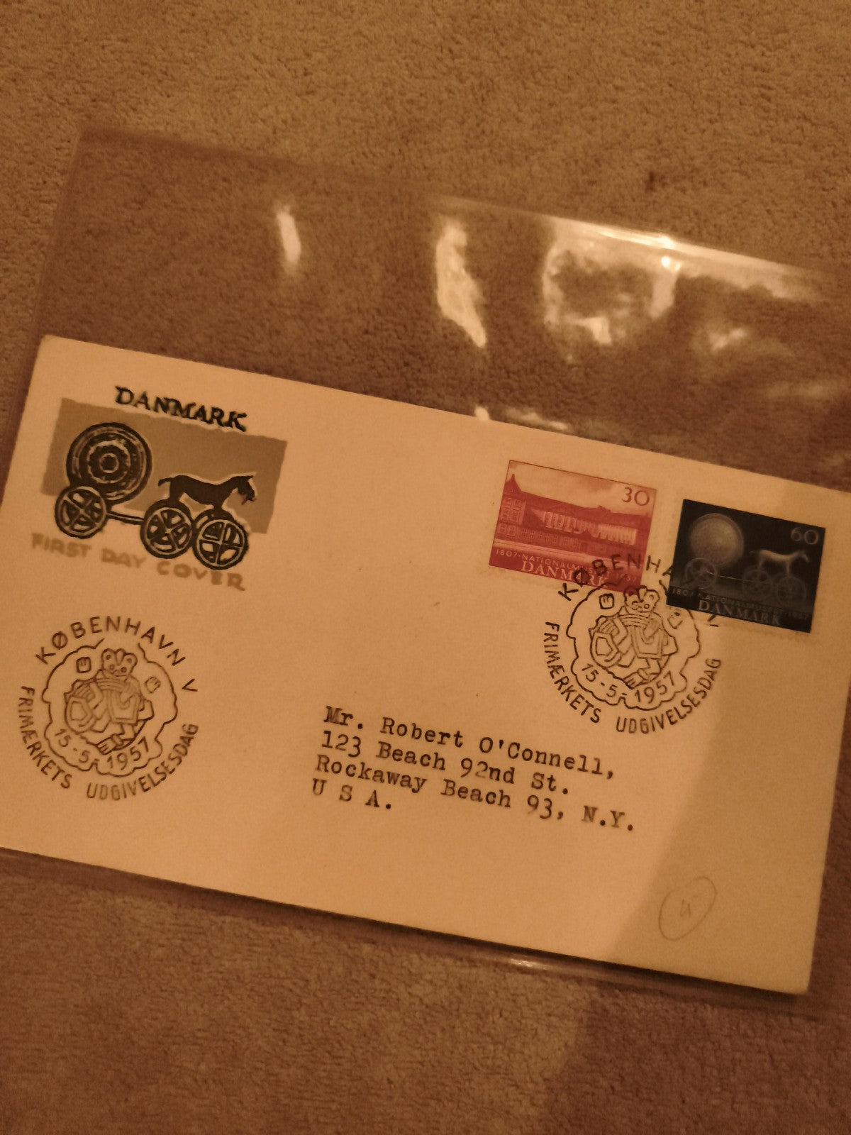 Lettre 1er Jour Danemark 1957 timbres oblitérés Kobenhavn philatélie (Ref 1)