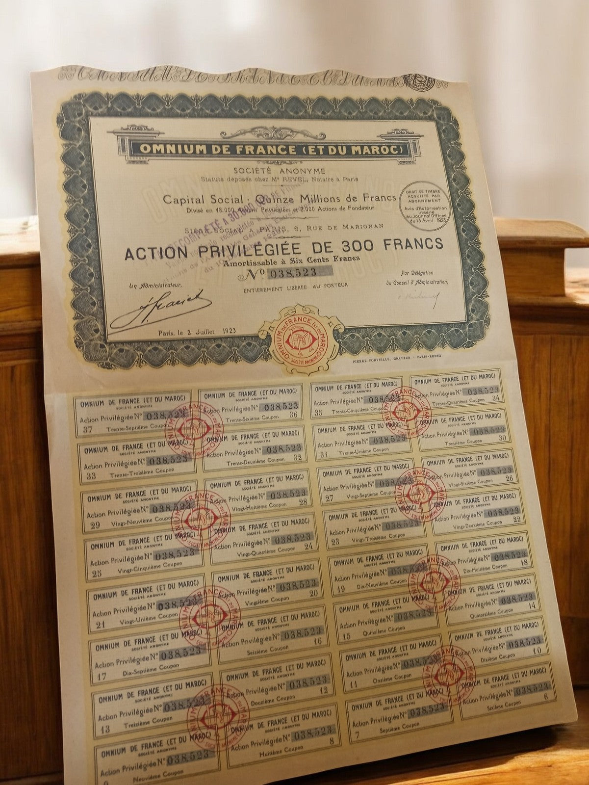 Action au porteur Omnium France Maroc 1923, document boursier ancien vintage