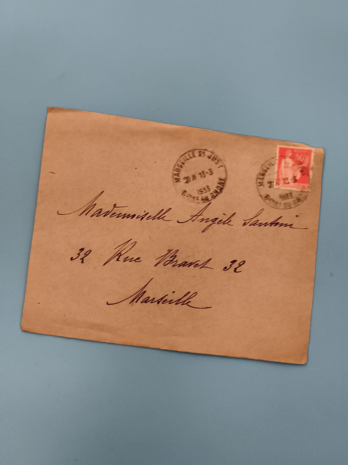 Lettre ancienne timbrée Marseille 1953 cachet postal enveloppe manuscrite (Ref 3