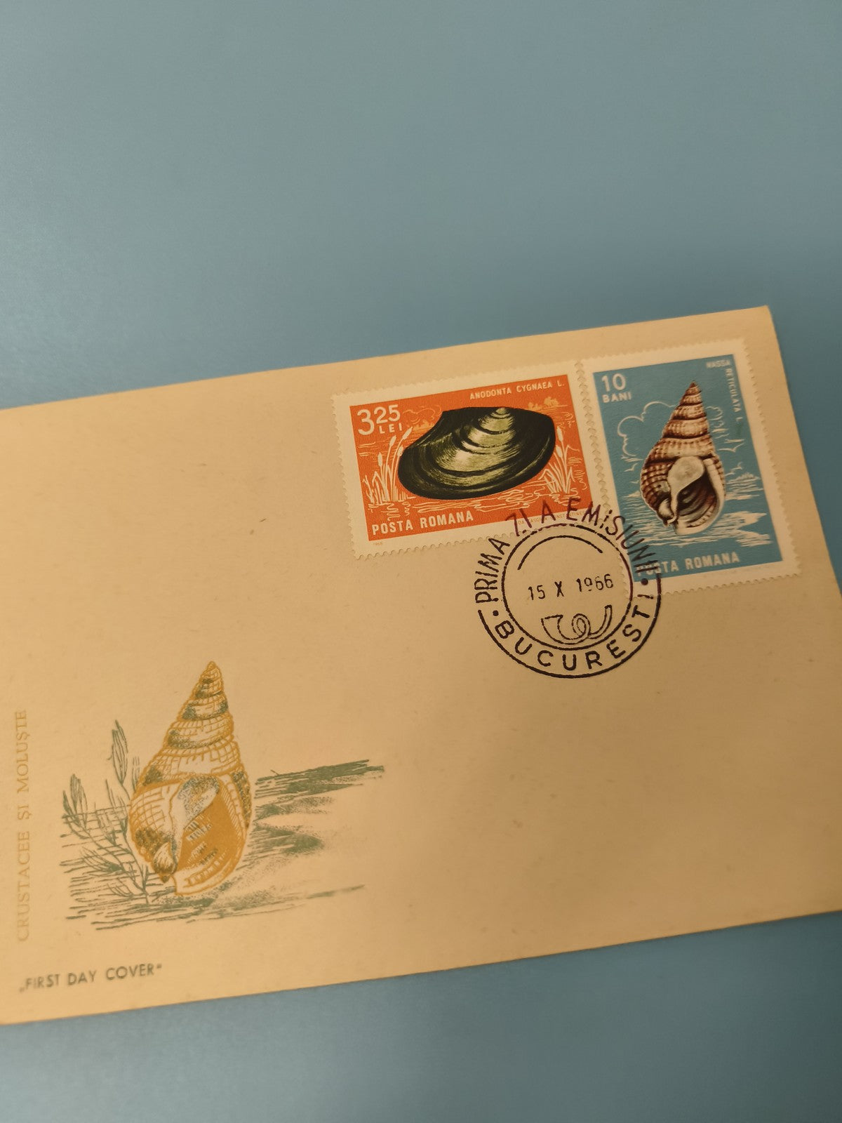 Ancienne enveloppe philatélie Roumanie 1966, timbres coquillages, FDC