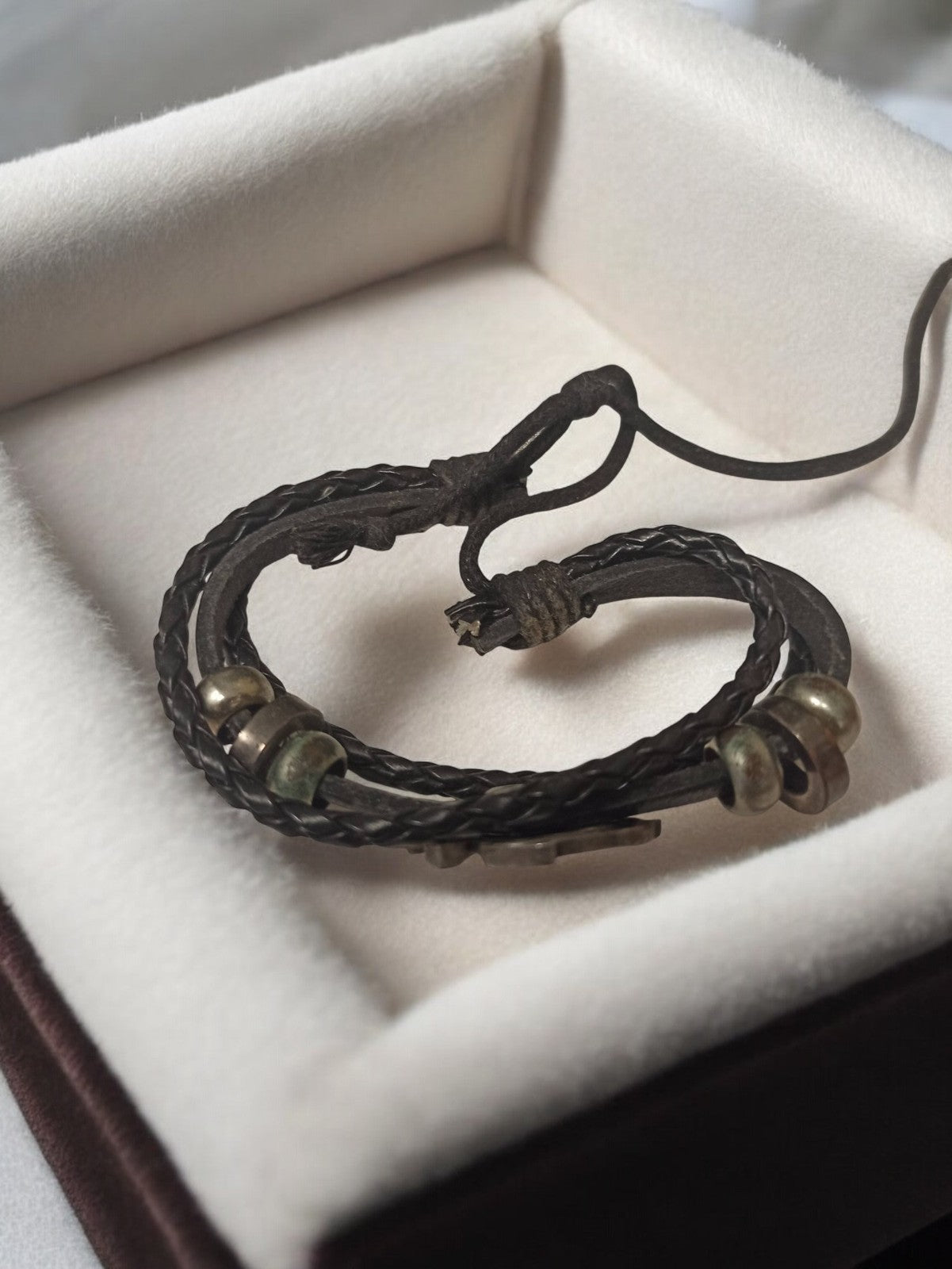 Bracelet vintage tressé marron perles métal aspect ancien rétro bijou fantaisie