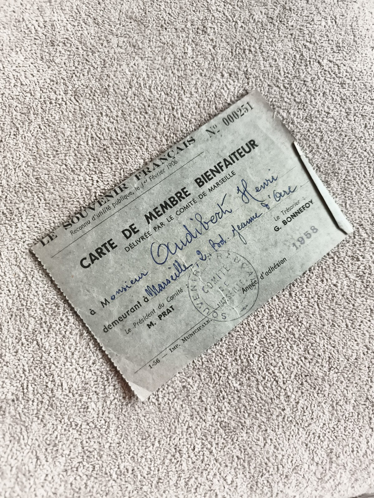 Carte membre bienfaiteur Souvenir Français Marseille 1958 ancien document