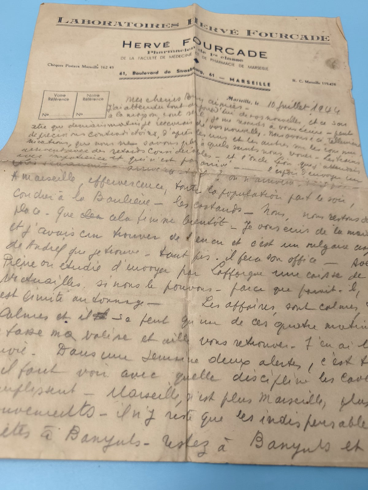 Ancienne lettre manuscrite 1944 sur papier à en-tête pharmacie Marseille