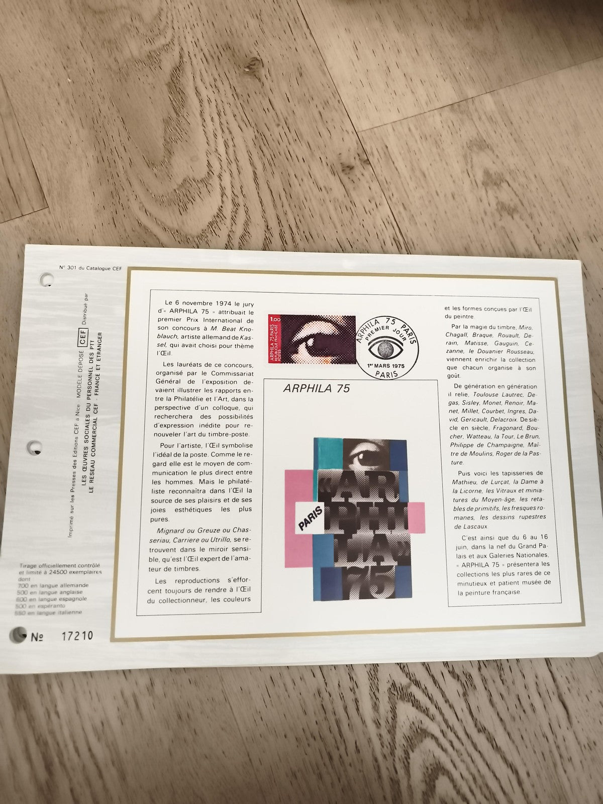 Feuillet philatélique ARPHILA 75 Paris timbre œil 1975 CEF