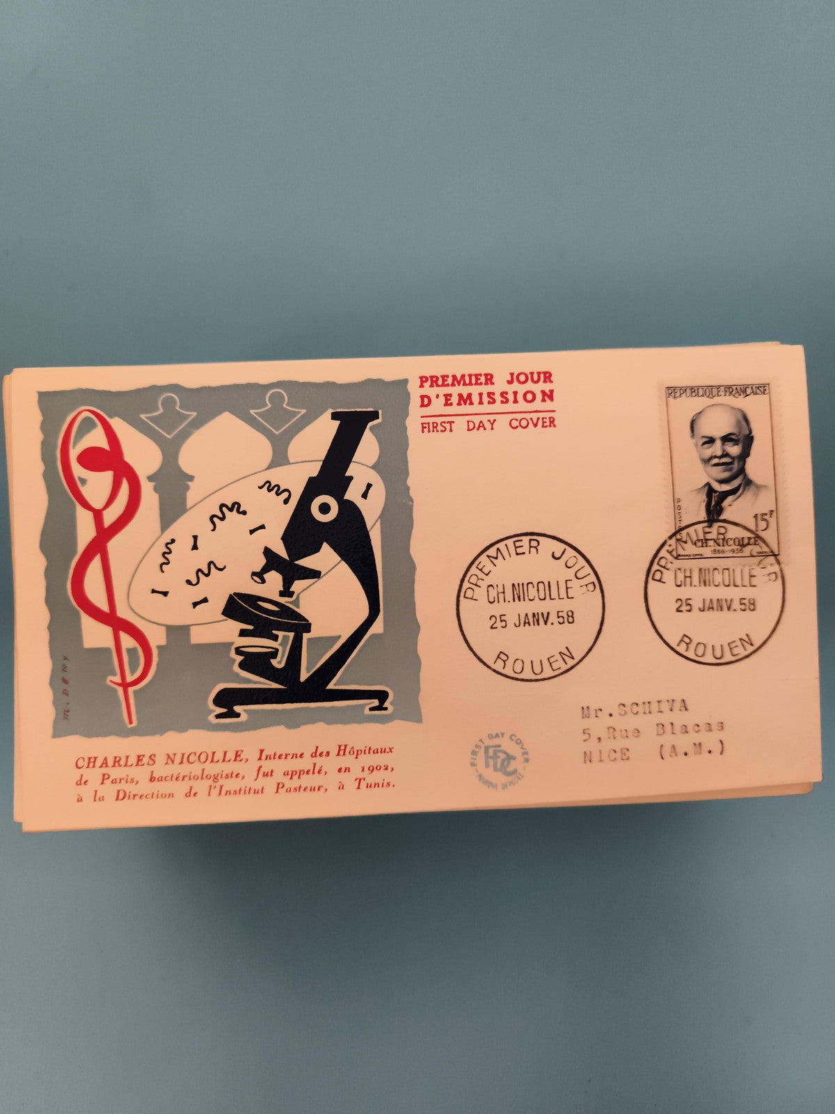 Lettre Premier Jour Charles Nicolle 1958 Rouen FDC – Illustration Microscope Tim